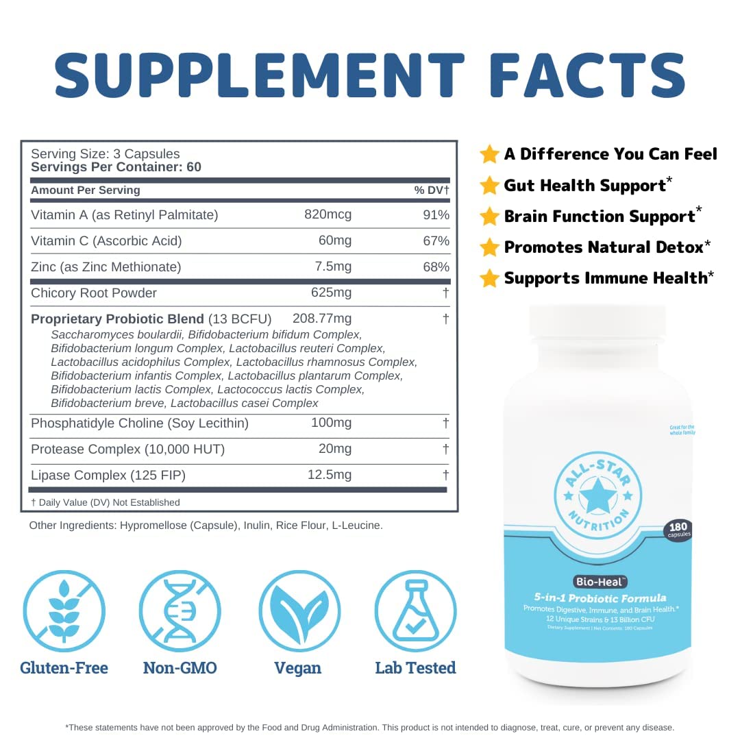 5-in-1 Bio-Heal® Probiotic Capsules for Kids, Men & Women - Best Supplement for Brain Function, Gut Health & Constipation - Shelf Stable & Fortified with Vitamins, Minerals & Prebiotics All-Star NutritionAu supplements