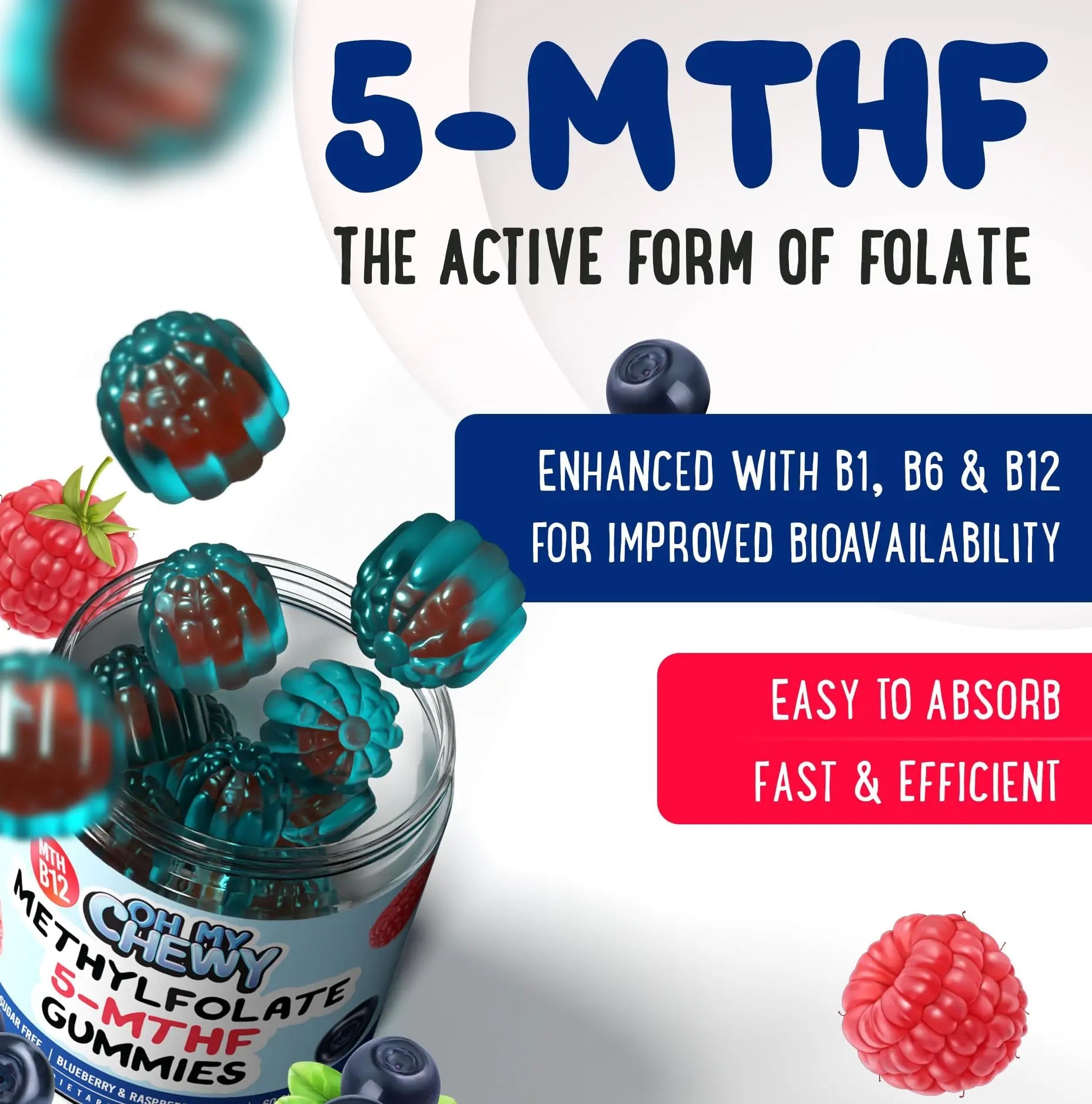 Center-Filled 5-MTHF Folate L-MethylFolate Sugar-Free Gummies - MTHFR Supplement Support with Methylated B1, B6 and Methyl B12 Multivitamins OH MY CHEWYAu supplements