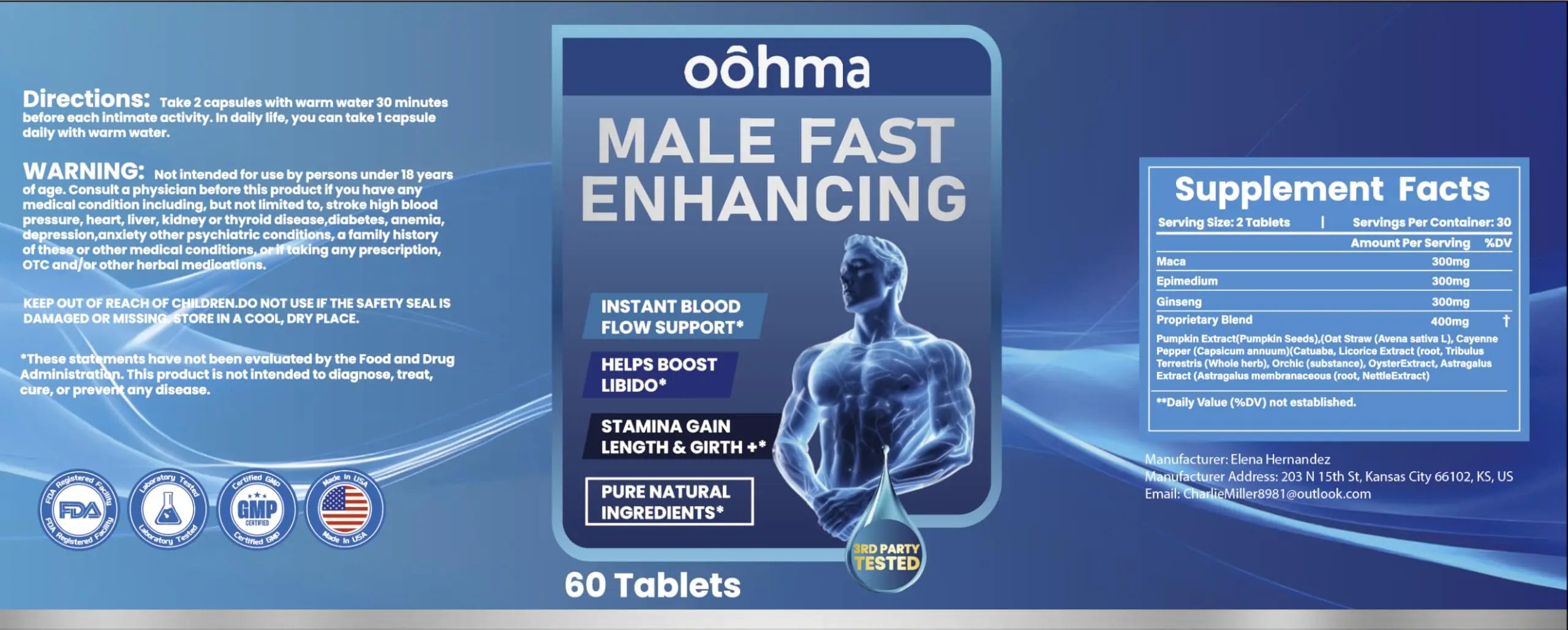 Oohma New Male Enhancing Supplement, Designed to be Fast Acting for Blood Flow to Gain Length & Girth + Stamina, Maca, Epimedium, and Other Natural Ingredients, 3rd Party Tested Supplement 60 Tablets Oohmanz supplements