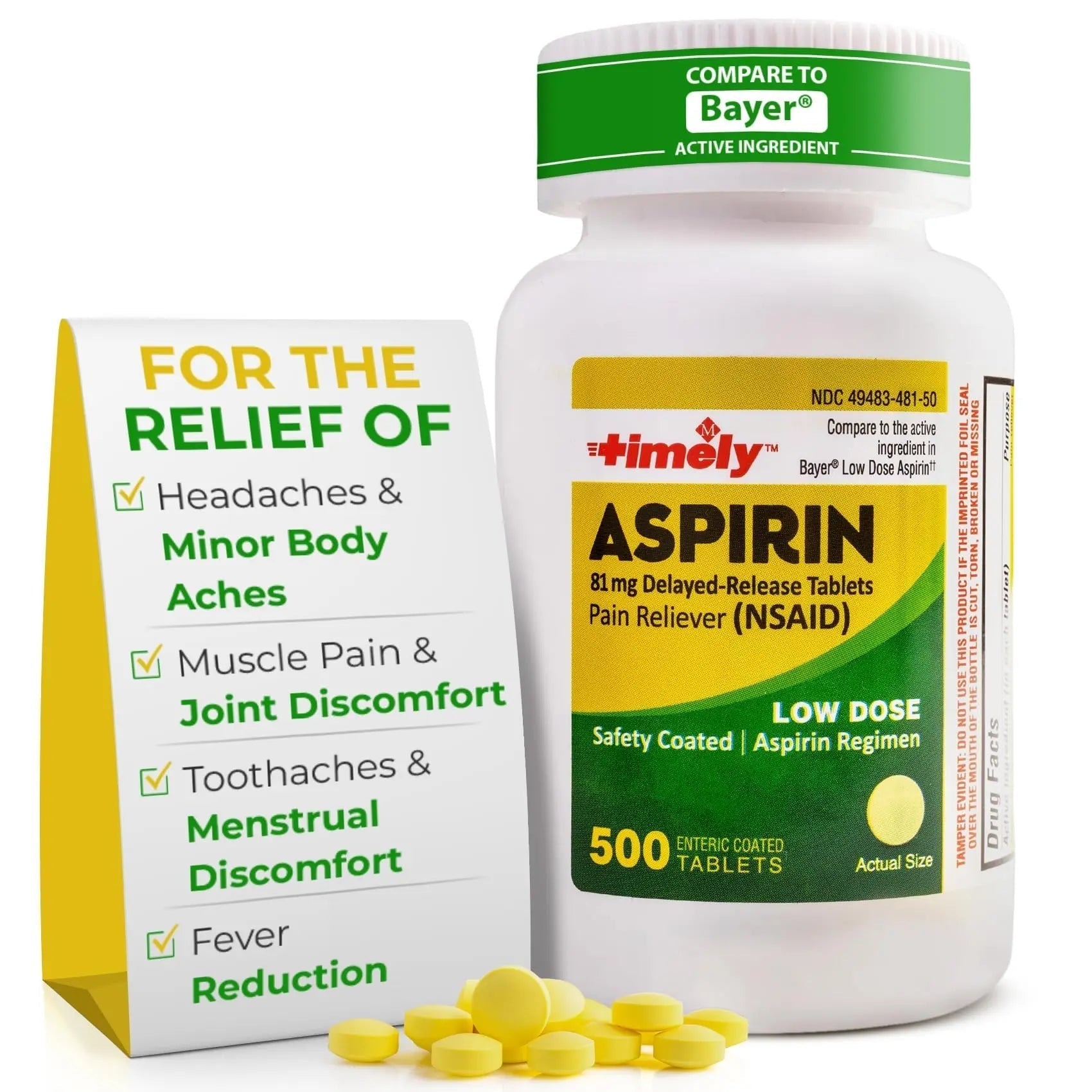 TIME-Cap Labs 500 Tablets Low Dose Aspirin 81mg Enteric Coated - NSAID Pain Reliever & Fever Reducer for Adults, Helps with Minor Aches, Headaches, Muscle Pain, Toothaches, and Joint Discomfort TIME-CAP LABS, INC.Au supplements