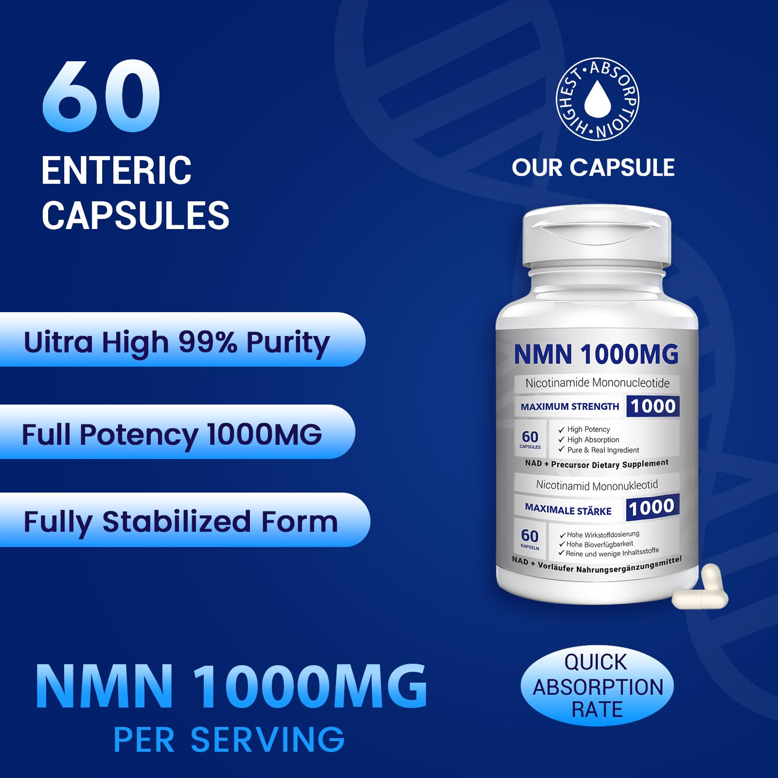 NMN 1000mg Per Serving Maximum Strength - 99% Pure NMN (Nicotinamide Mononucleotide) for NAD, Cell, Immune, Energy, Anti-Aging & Longevity, Stabilized NMN Supplements 1000mg - 60 Veggie Capsules CFUKINGAu supplements