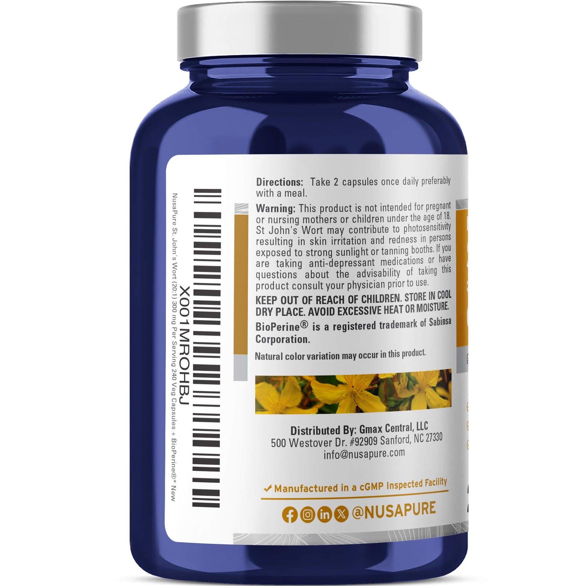 NusaPure St. John's Wort 20:1 Extract, 300 mg Equivalent to 6,000mg 240 Veggie Capsules (Vegetarian, Non-GMO & Vegan) Bioperine NusaPureAu supplements
