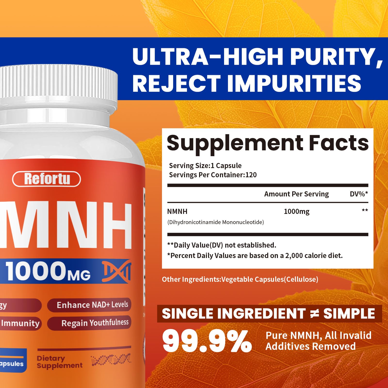 NMNH Supplement(Dihydronicotinamide Mononucleotide),Nicotinamide Mononucleotide for NAD+ Booster,1000mg per Serving,Supports Energy & Overall Health,120 Capsules RefortuAu supplements