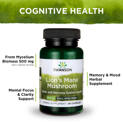 Swanson Lion's Mane Mushroom Capsules - 500 mg Each, 60 Capsules - SwansonUS supplements