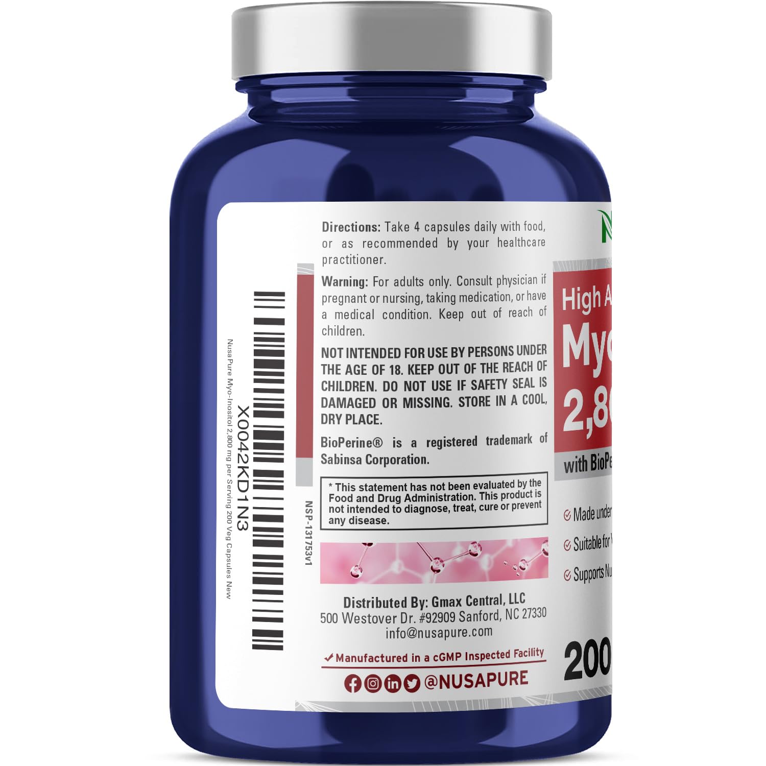 NusaPure Myo-Inositol - Suitable for Vegetarian/Vegan, Non - GMO - 2800mg, 200 Capsules NusaPureAu supplements