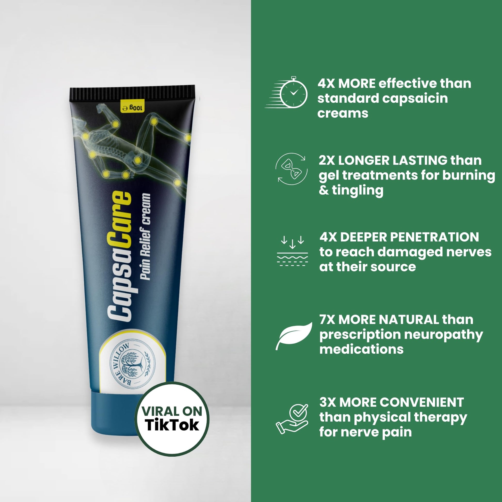 CapsaCare Cream with Capsaicin 0.125% & Magnesium, NeuroSoothe Blend with Arnica, Glucosamine, Menthol & Aloe, Fragrance Free, Non Greasy, Hydrating Topical Skin Cream for Men and Women, 100g (1 Pack) Bare WillowAu supplements