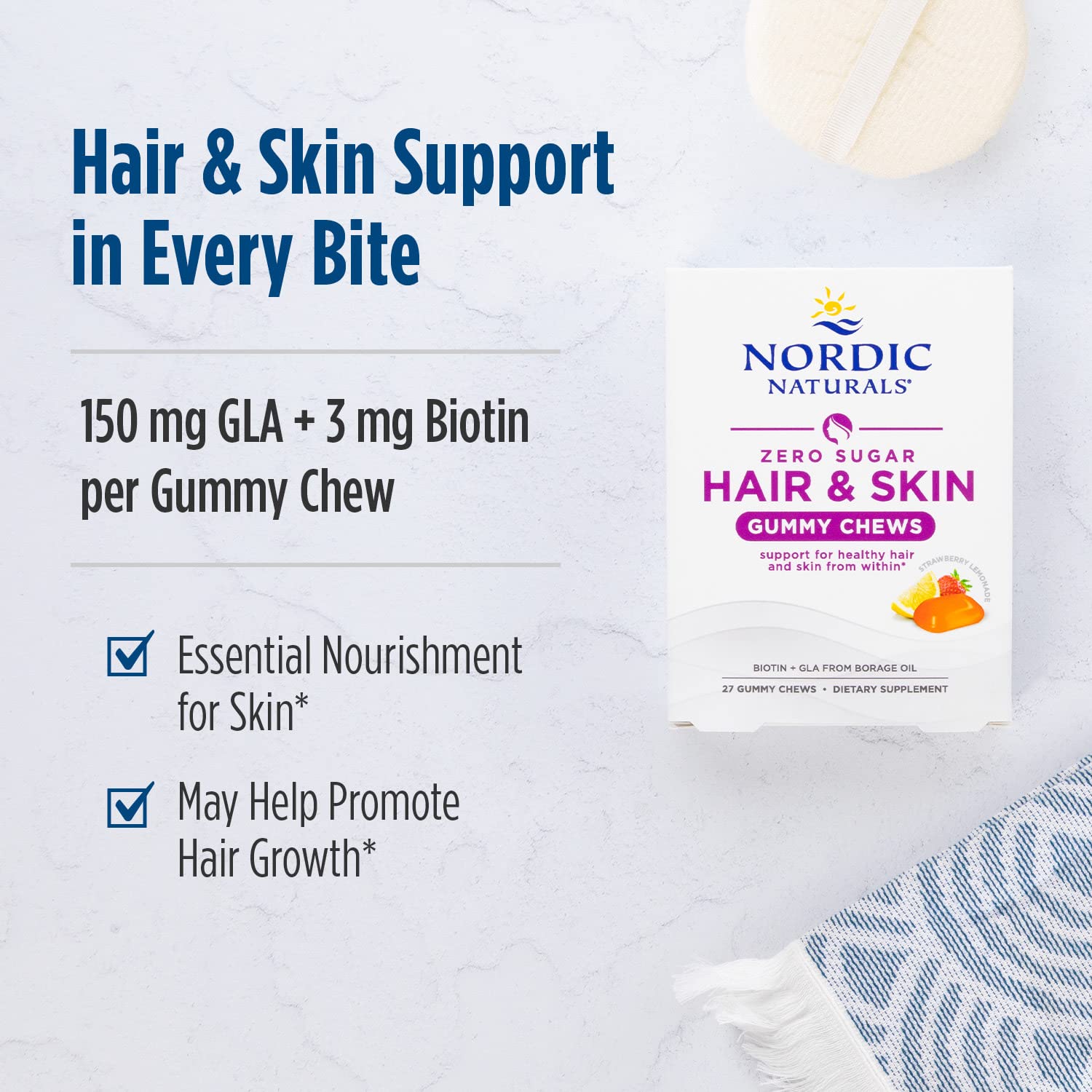 Nordic Naturals Zero Sugar Hair & Skin Gummy Chews, Strawberry Lemonade - 27 Gummy Chews - Biotin + GLA from Borage Oil - Promotes Healthy Balance of Fats in Skin - Non-GMO - 27 Servings Nordic NaturalsAu supplements