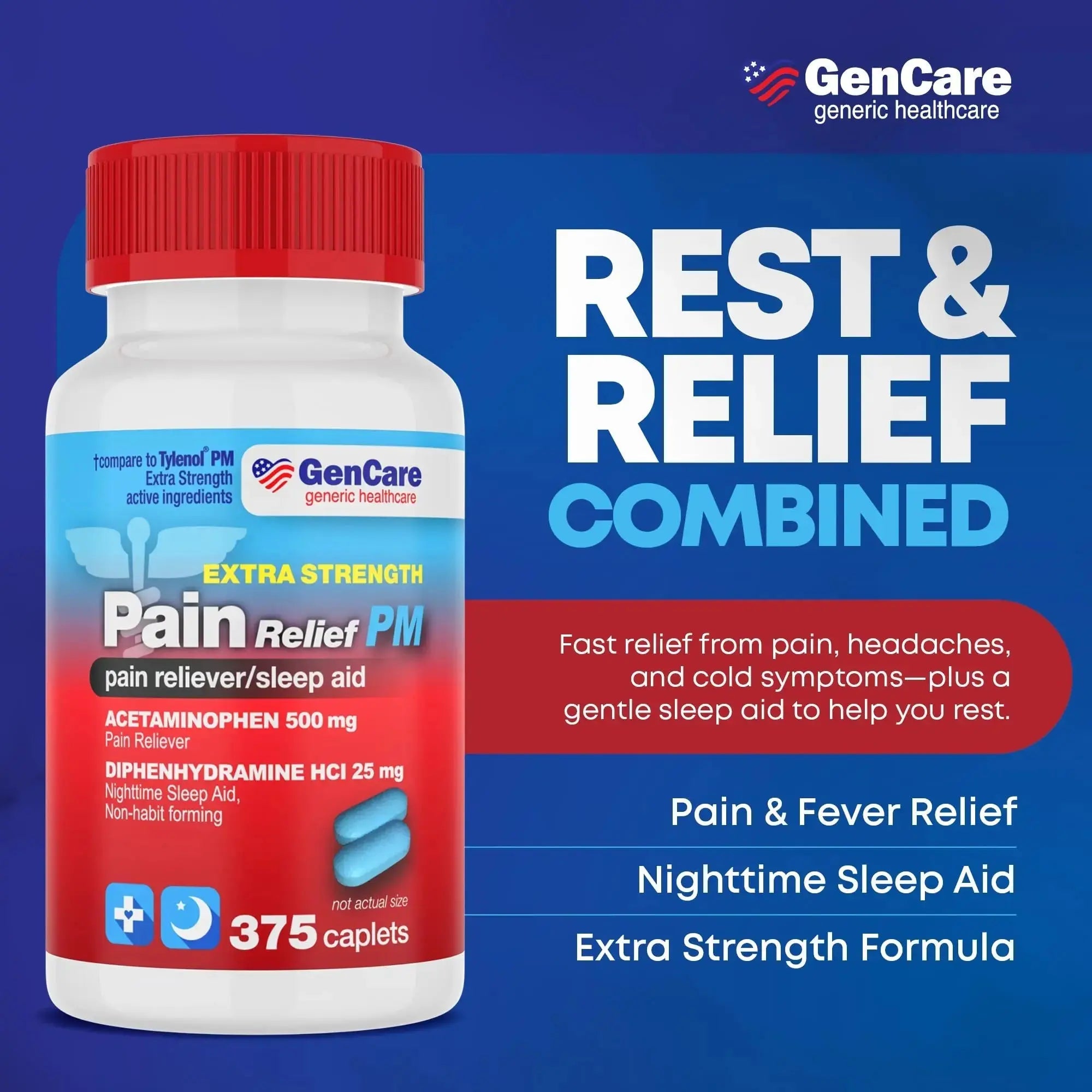 GenCare Extra Strength Acetaminophen PM 500 mg (375 Tablets) | Ultimate Pain Relief & Sleep Support for Adults | Quick Acting & Non Habit Forming Headache Relief | Eases Aches & Joint Discomfort GenCareAu supplements