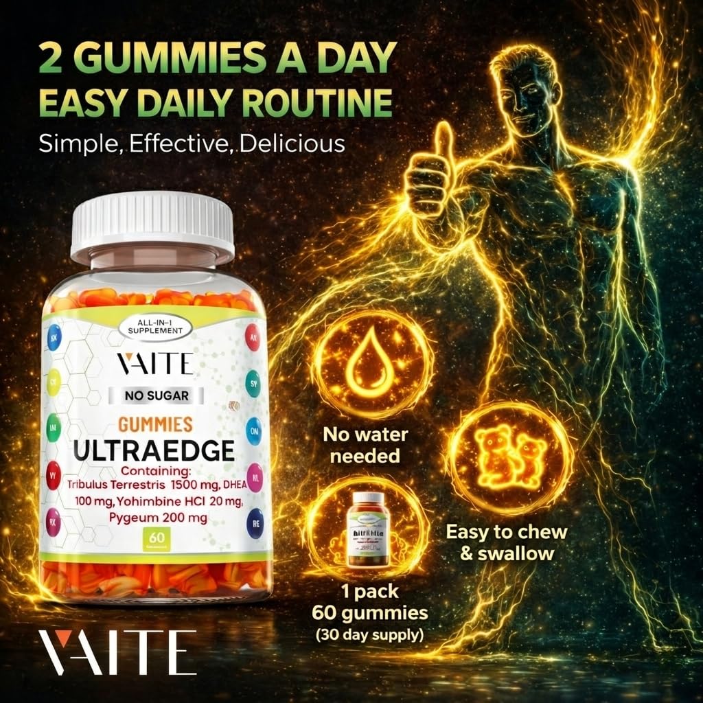 VAITE UltraEdge Herbal Complex Gummies – Tribulus Terrestris 1500mg, DHEA 100mg, Yohimbine HCl 20mg, Pygeum 200mg, Plant-Based Blend, 60 Vegan Gummies, Non-GMO, Gluten-Free, Adult Supplement VAITEAu supplements