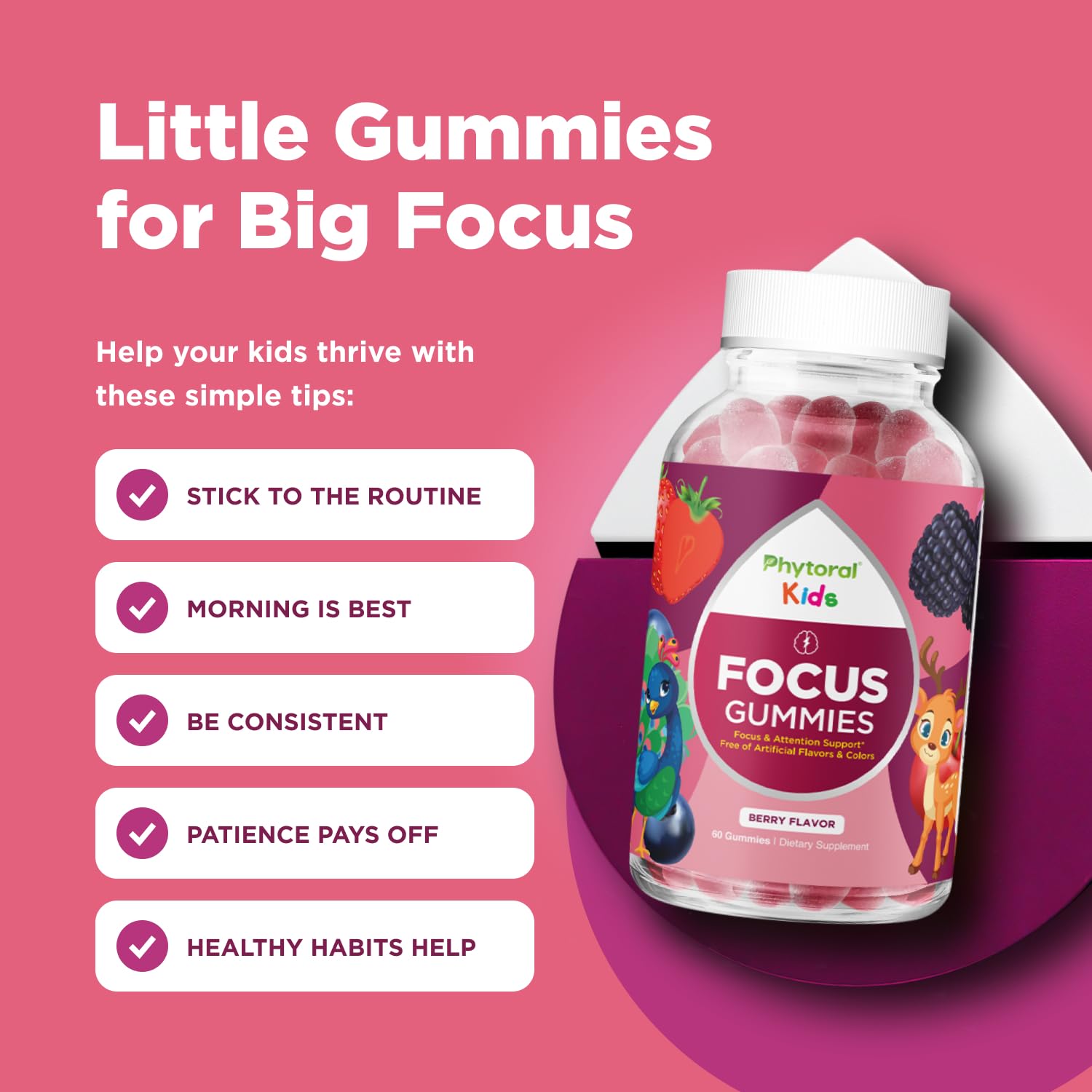 Phytoral Vegan Kids Focus Gummies - Potent Chewable Brain Support for Children - Enhances Concentration & Memory - Calming Supplements & Focus Gummies for Kids - Non-GMO & Gluten-Free - 60 Count PhytoralAu supplements
