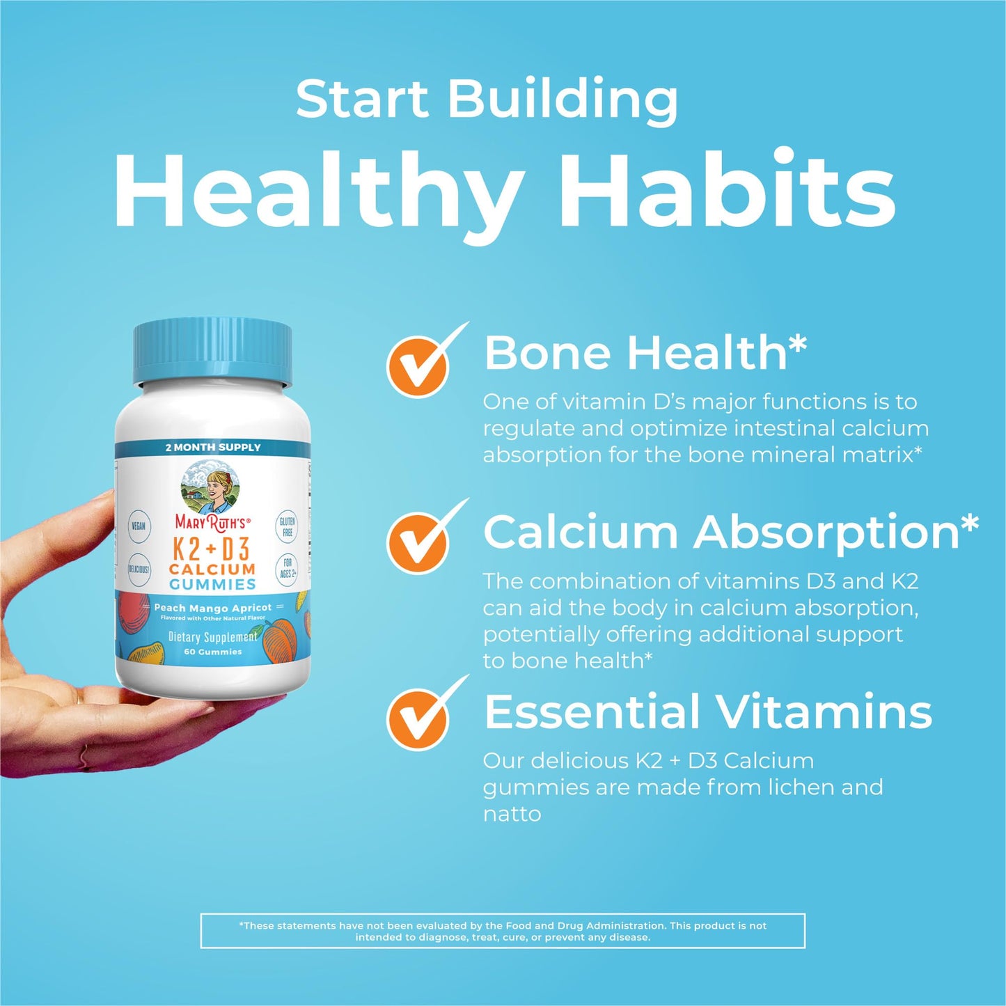 MaryRuth Organics Calcium with Vitamin D & Vitamin K2, 2 Month Supply, Calcium Supplement Supports Bone Health & Joint Support, with Vitamins D3 K2 Gummies, Vegan, Non-GMO, Gluten Free, 60 Count MARYRUTH'SUS supplements