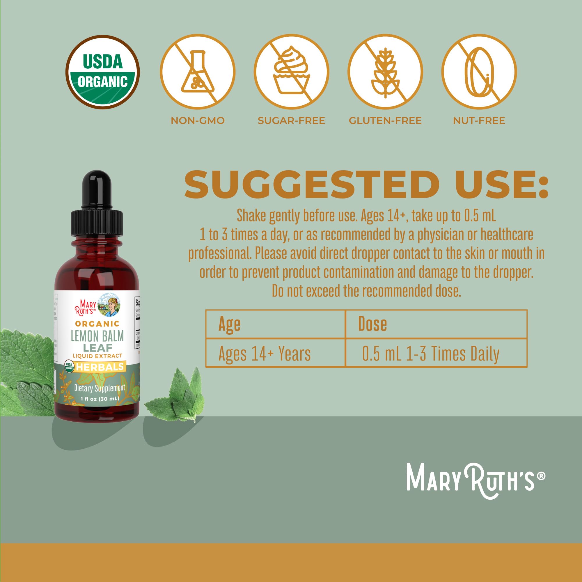 MaryRuth Organics Lemon Balm Leaf Liquid Extract | Mood Support | Relaxation | Calming | Nervine Herbal | Lemon Balm Tincture | USDA Organic | Vegan | Non-GMO | Gluten Free | 1 Fl Oz MARYRUTH'SUS supplements