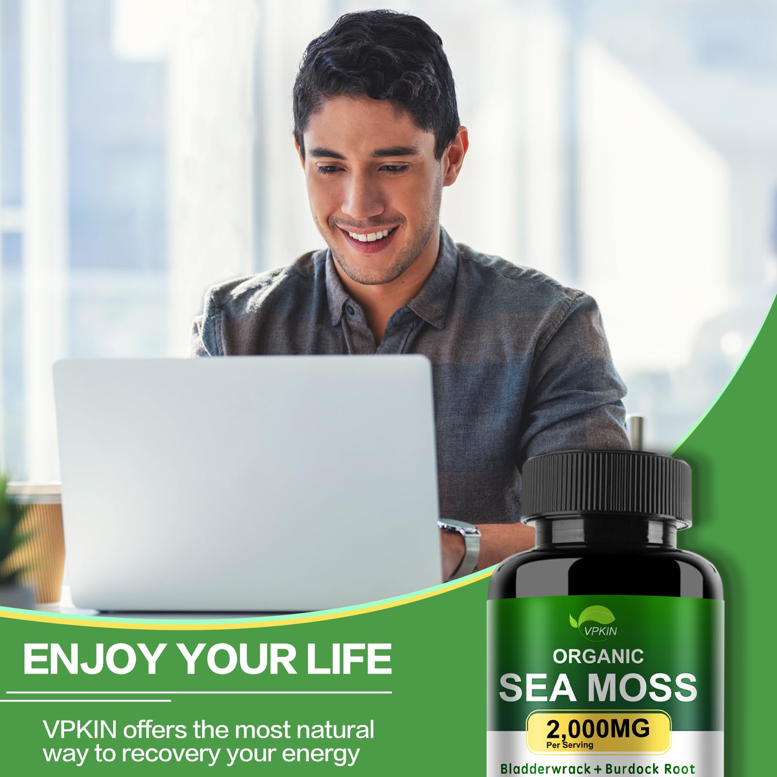 VPKIN Organic Sea Moss Capsules with Bladderwrack,Burdock Root and Black Pepper Extract-Irish SeaMoss Pills 2000mg-Promotes Immune System,Thyroid Support(120 Capsules) VPKINAu supplements