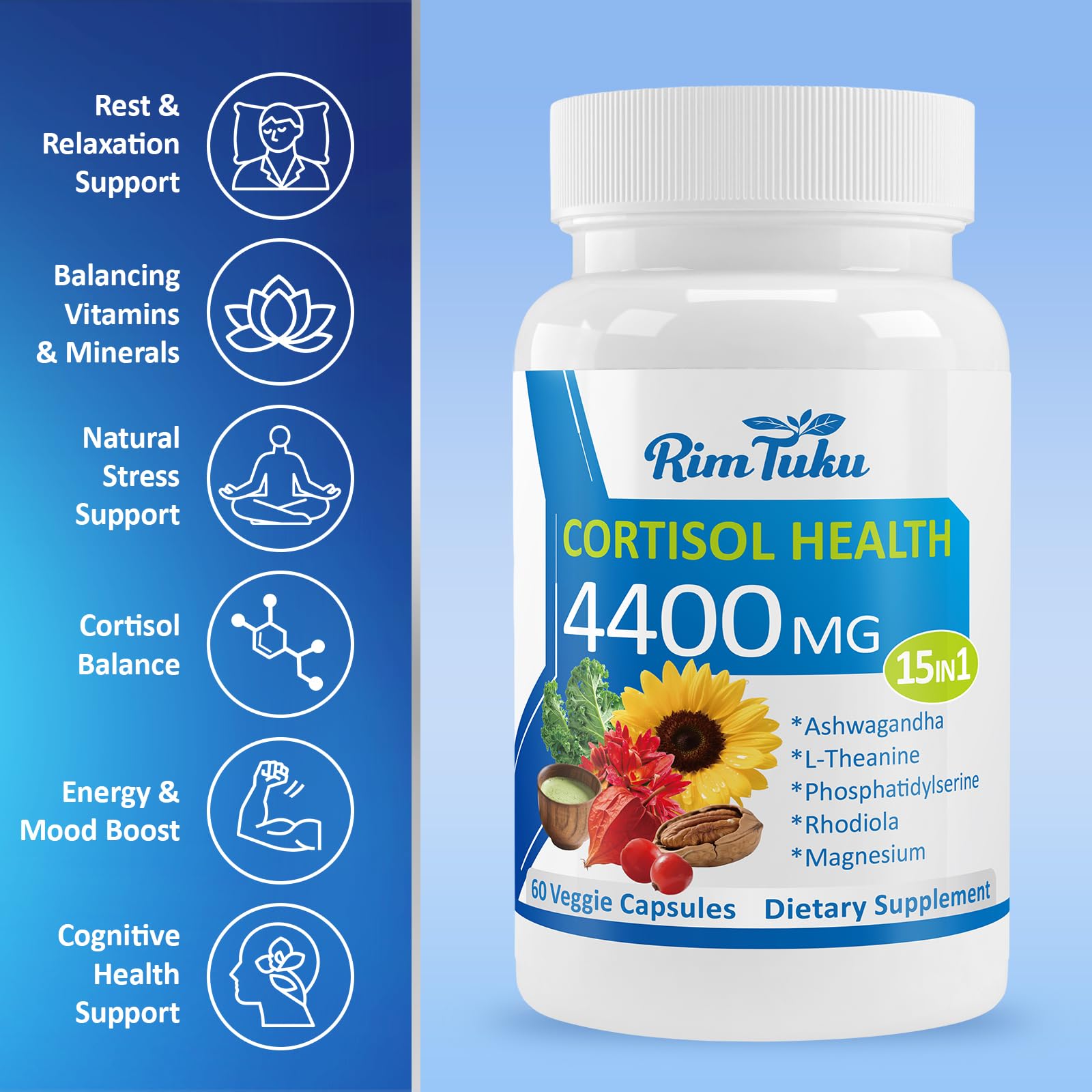 RimTuku Cortisol Supplements for Women & Men -15-in-1 Cortisol Detox for Women, Cortisol Manager & Reducer with Ashwagandha, Rhodiola Rosea Supports Stress Relief, Adrenal Balance, 120 Capsules RimTukuAu supplements