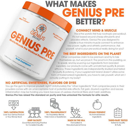 Genius Pre Workout Powder, Blue Raspberry - All-Natural Nootropic Pre-workout & Caffeine The Genius BrandUS supplements