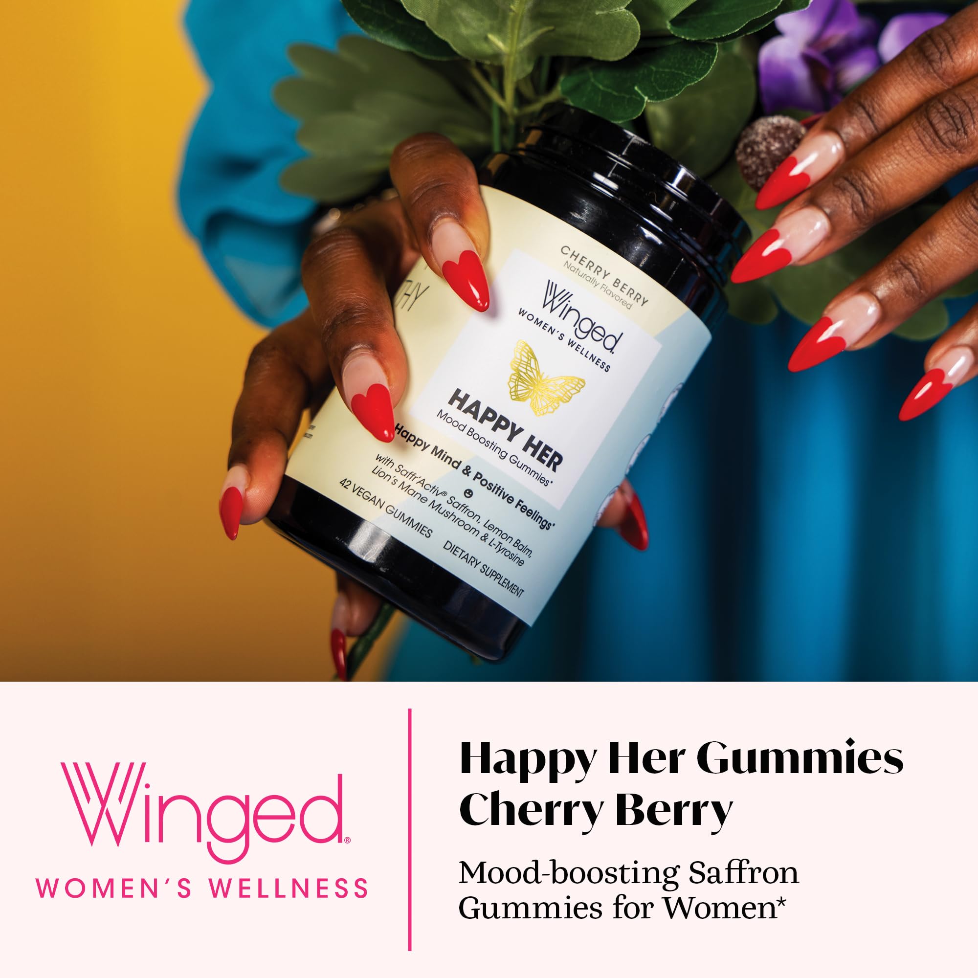 Winged Wellness Happy Her Mood Gummies - Daily Mood Enhancer Support Supplement for Women - Vitamin D with Saffron, Lemon Balm, & Lions Mane Mushrooms for Balance & Calming Relief - 50 Vegan Gummies WingedAu supplements