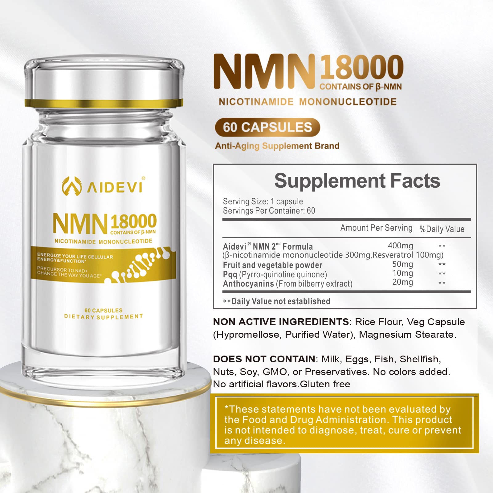 AIDEVI NMN 18000 - Nicotinamide Mononucleotide Supplement with Resveratrol, Stabilized Form & 99% High Purity to Boost NAD+ Levels for DNA Repair Supplement, for Healthy Aging, 60 Capsules AIDEVIAu supplements
