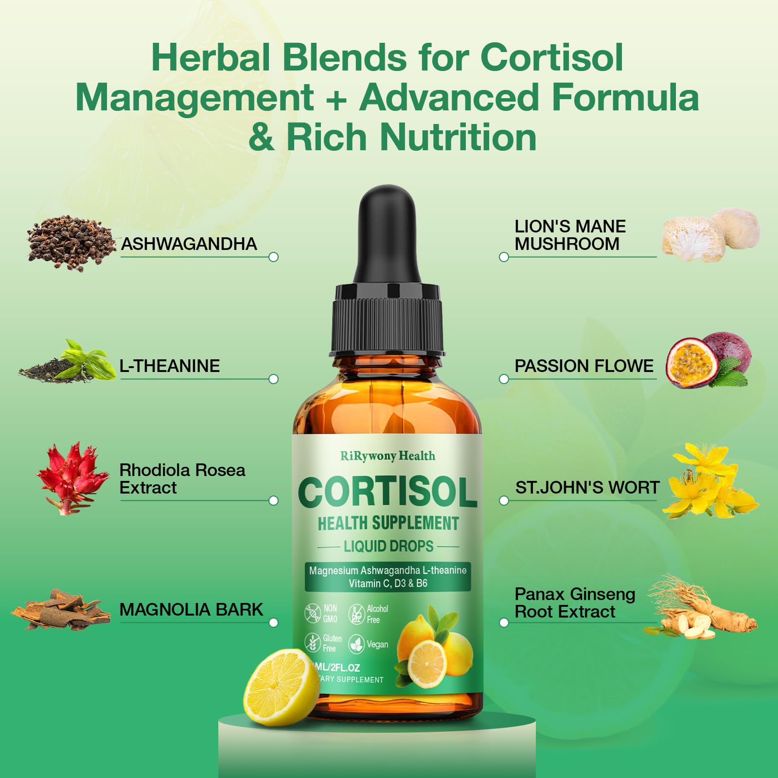 Cortisol Supplement for Women & Men - Cortisol Detox Reducer Magnesium Glycinate, Ashwagandha, L-Theanine, Phosphatidylserine - Hormone Balance for Calm Mood Focus Sleep (2 FL.OZ Lemon) RiRywony HealthAu supplements
