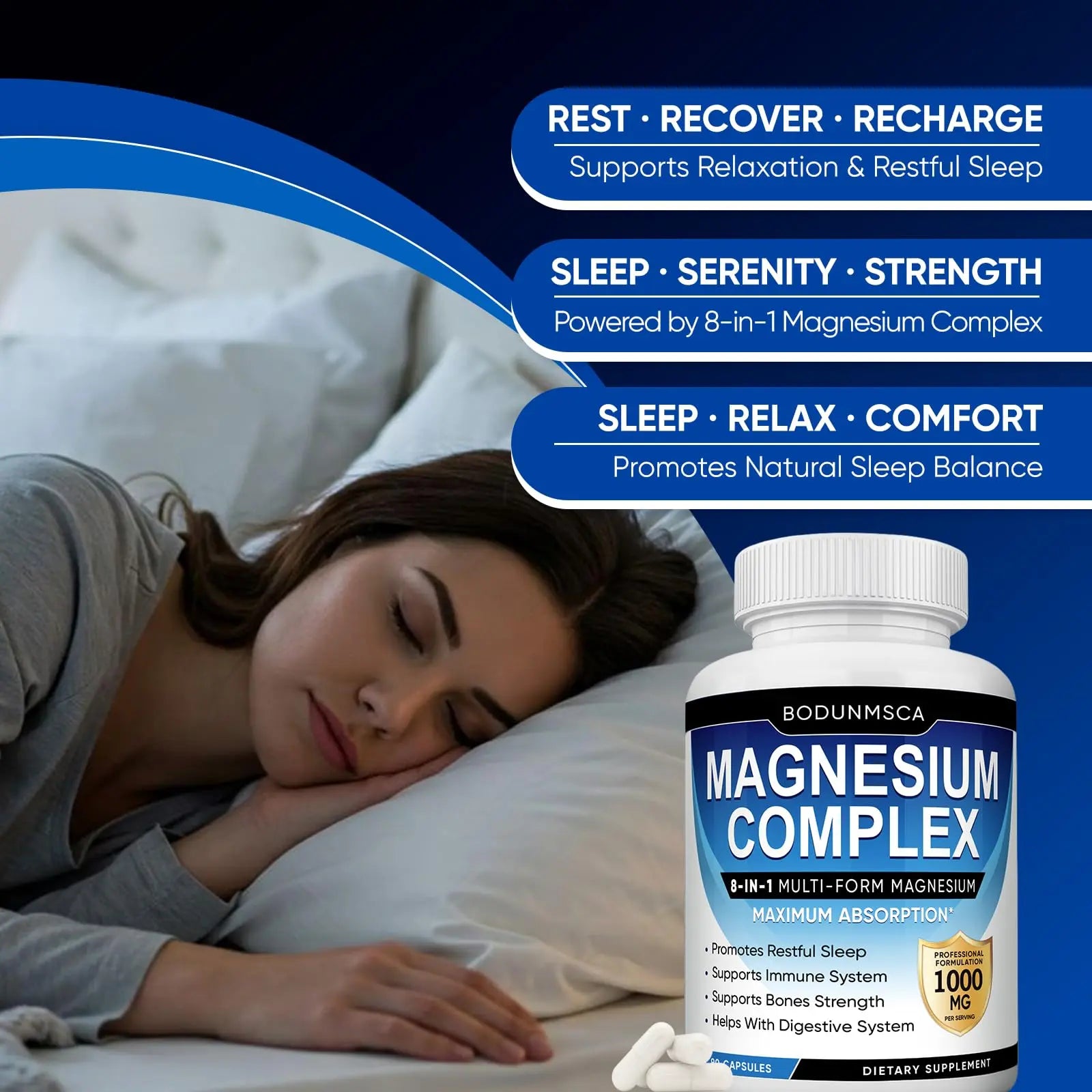Magnesium Complex, 8 in 1, 1000mg-Glycinate, Citrate, Malate for Easy Absorption, Full Spectrum Magnesium Complex,Supports Relaxation, Sleep & Muscle Function, Magnesio Complex for Women, 180 Capsules BODUNMSCAnz supplements