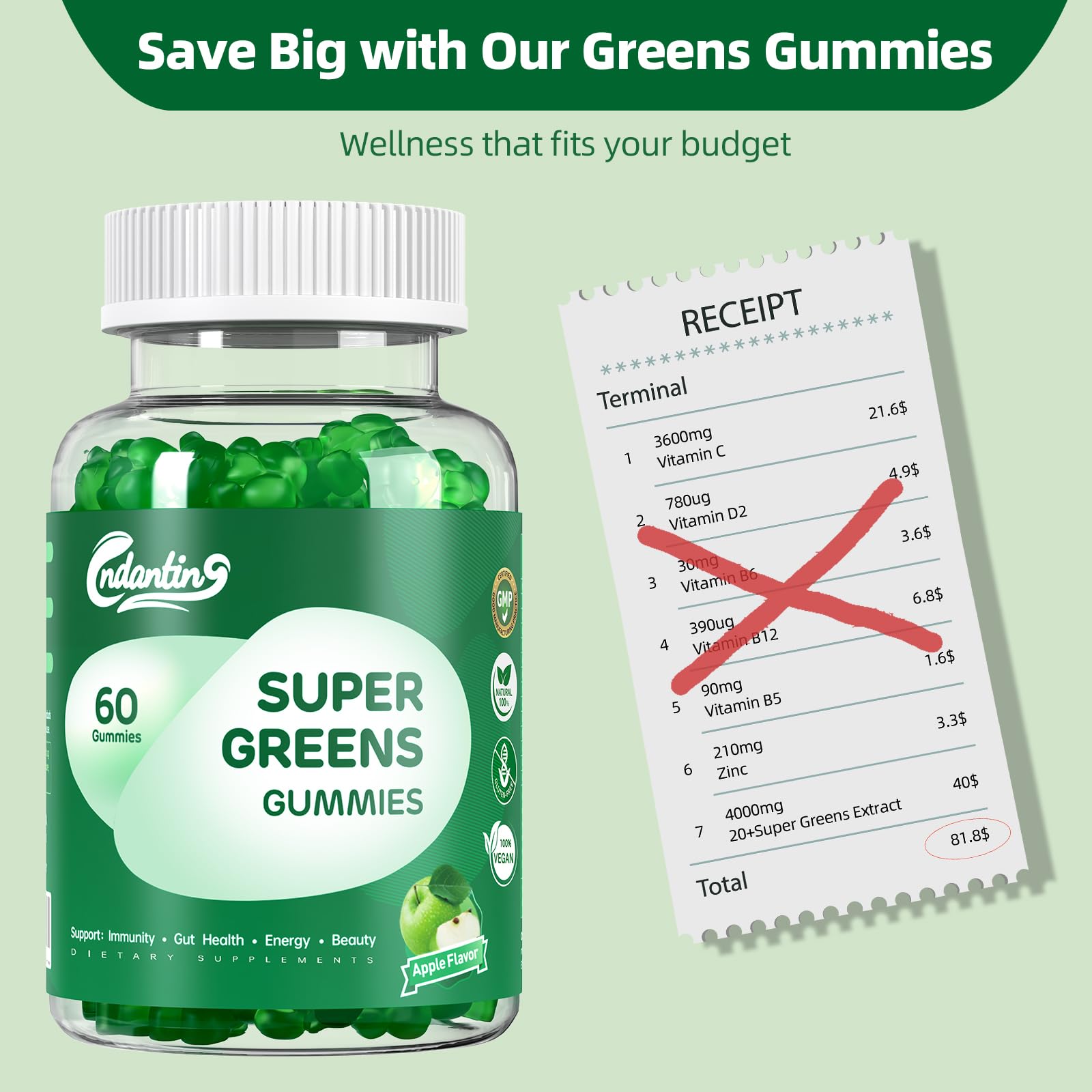 Multivitamin Super Greens Gummies - Daily Vegan Gummy Vitamins for Women, Apple Flavor | Organic Blend with Vitamin C, Turmeric, Zinc, Immune Support, Energy Booster, Metabolism | 60 Count CNDANTINGAu supplements