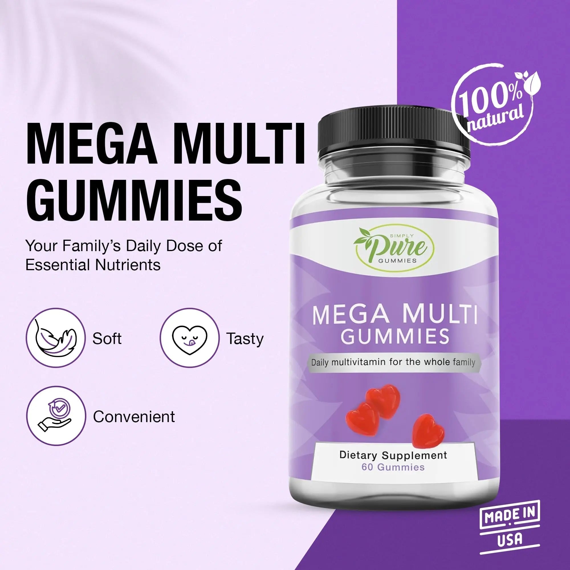 Pure By Nature Mega Multi Gummies, Multivitamin Gummies for Women & Men, Kids Multivitamin Gummies with A, D2, C, E, K, Biotin Pure By NatureAu supplements