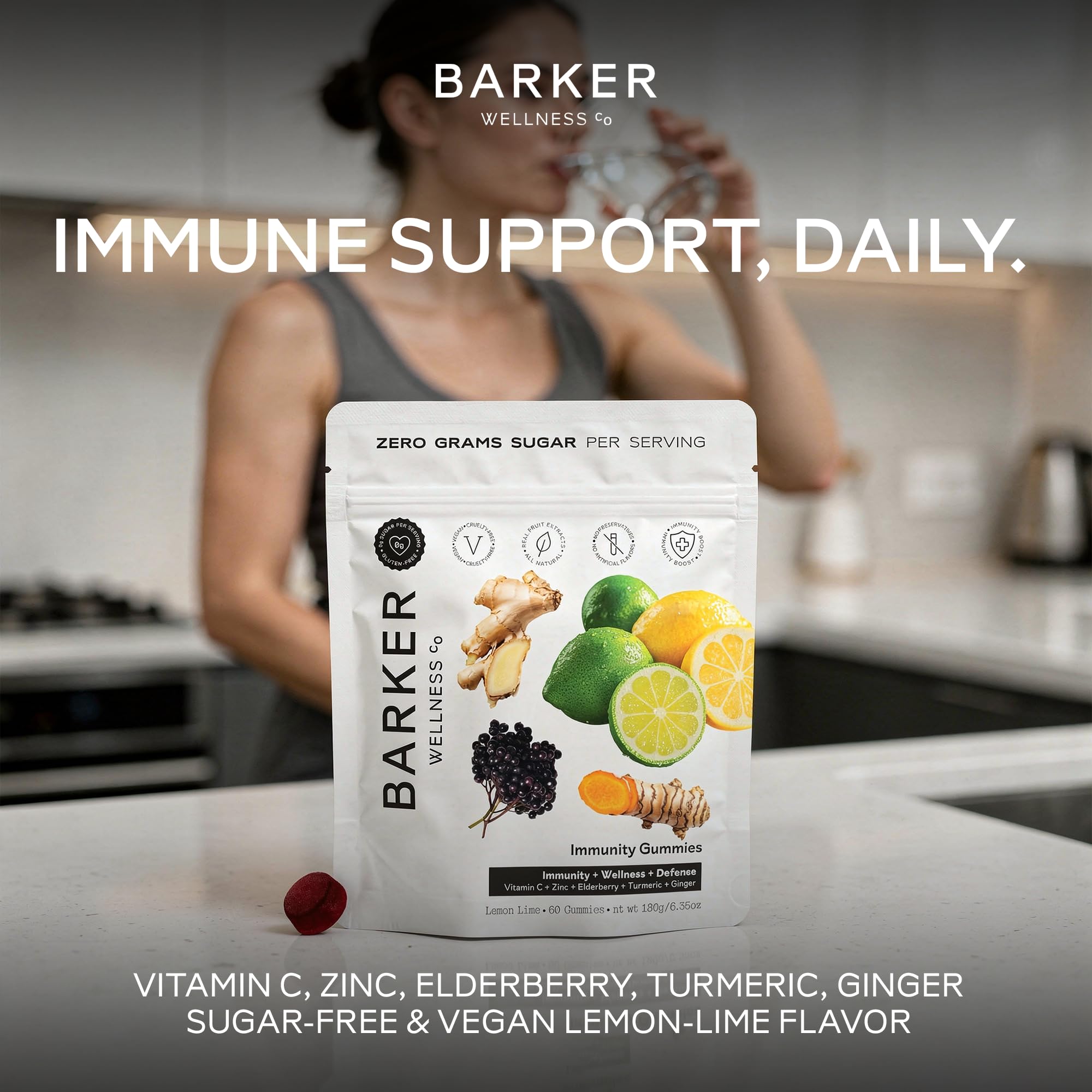 Barker Wellness Immunity Gummies with Vitamin C, Zinc, Elderberry, Turmeric & Ginger for Daily Immune Support | Vegan, Sugar-Free, Lemon-Lime Flavor | Seasonal Wellness Essentials, 60 Count Barker Wellness CoAu supplements