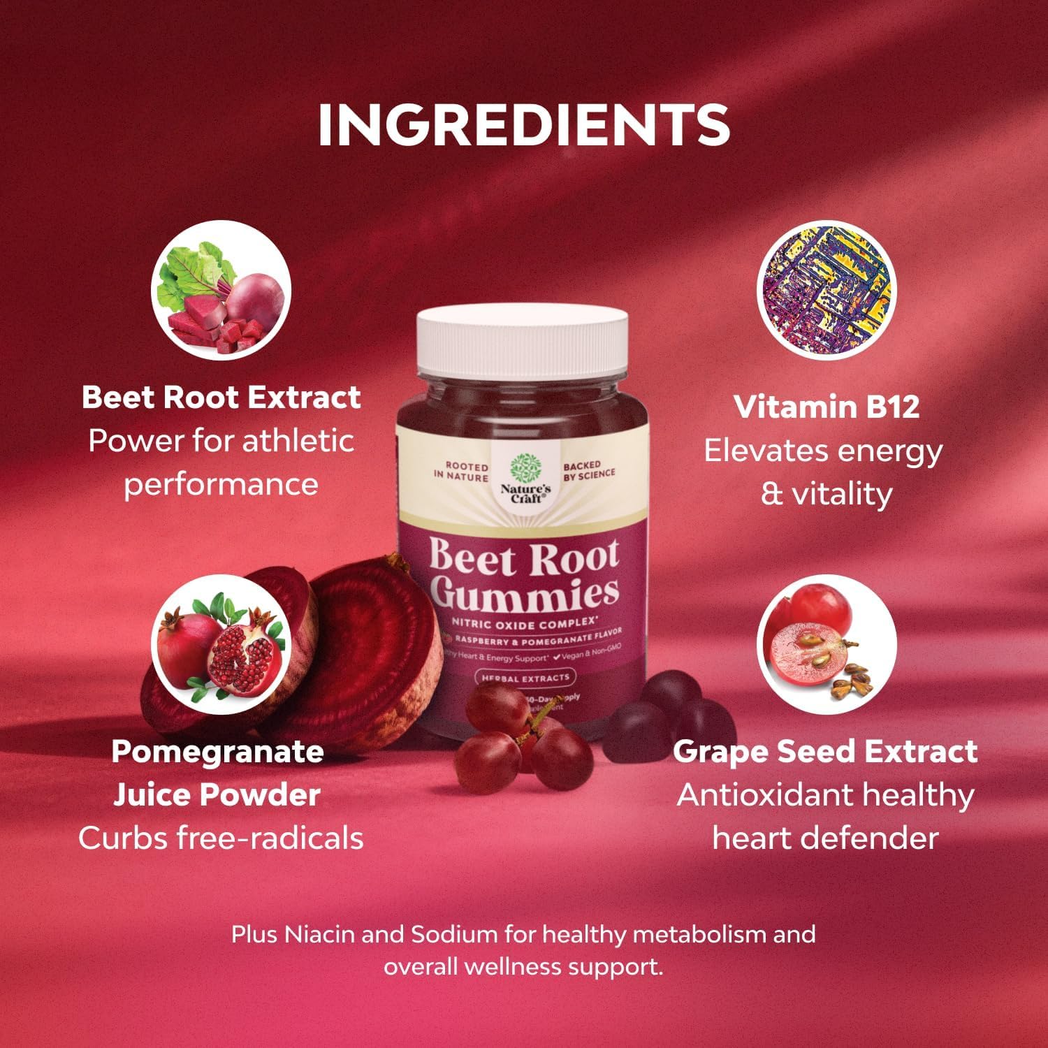 Flow Boosting Beet Root Gummies - Invigorating Beet Gummies for Adults Nitric Oxide Energy & Heart Health Support with Grapeseed Pomegranate & Vitamin B12 - Vegan Non-GMO & Gluten Free - 60 Count Natures CraftAu supplements