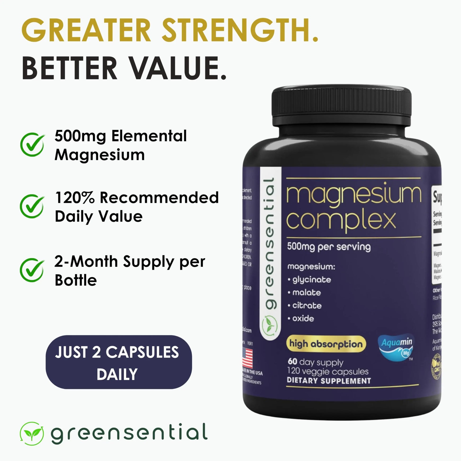 Greensential 5-in-1 Magnesium Complex 500mg | Glycinate, Malate, Citrate, Oxide & Aquamin® | for Sleep, Muscle & Heart Support | High Absorption, Vegan, 120 Capsules Greensentialnz supplements