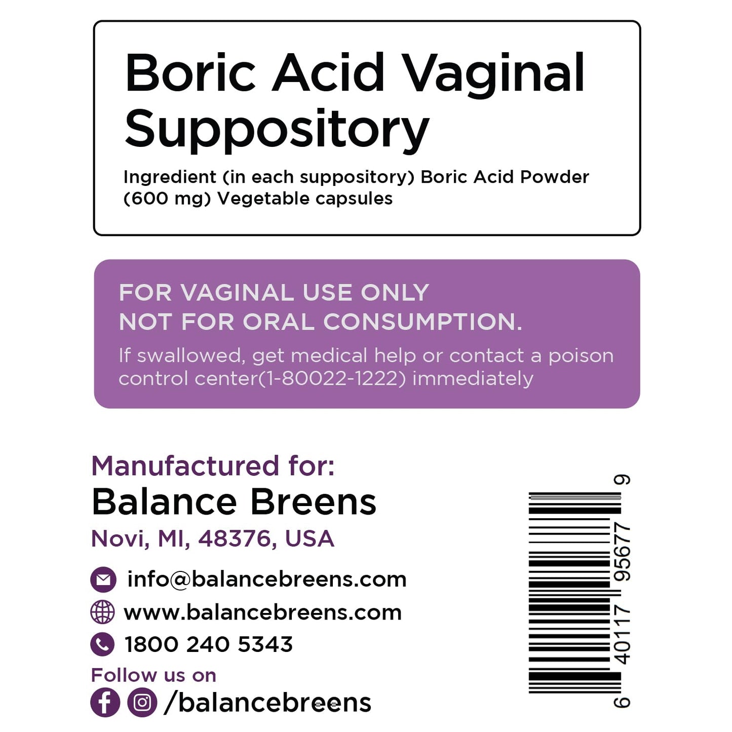 Boric Acid Suppositories for Women, 600 mg, 30 Vaginal Use Capsules - pH Balance Pills, Intimate Health Support, Yeast Infection Treatment, Made in USA (Pack of 1) BalancebreensUS supplements