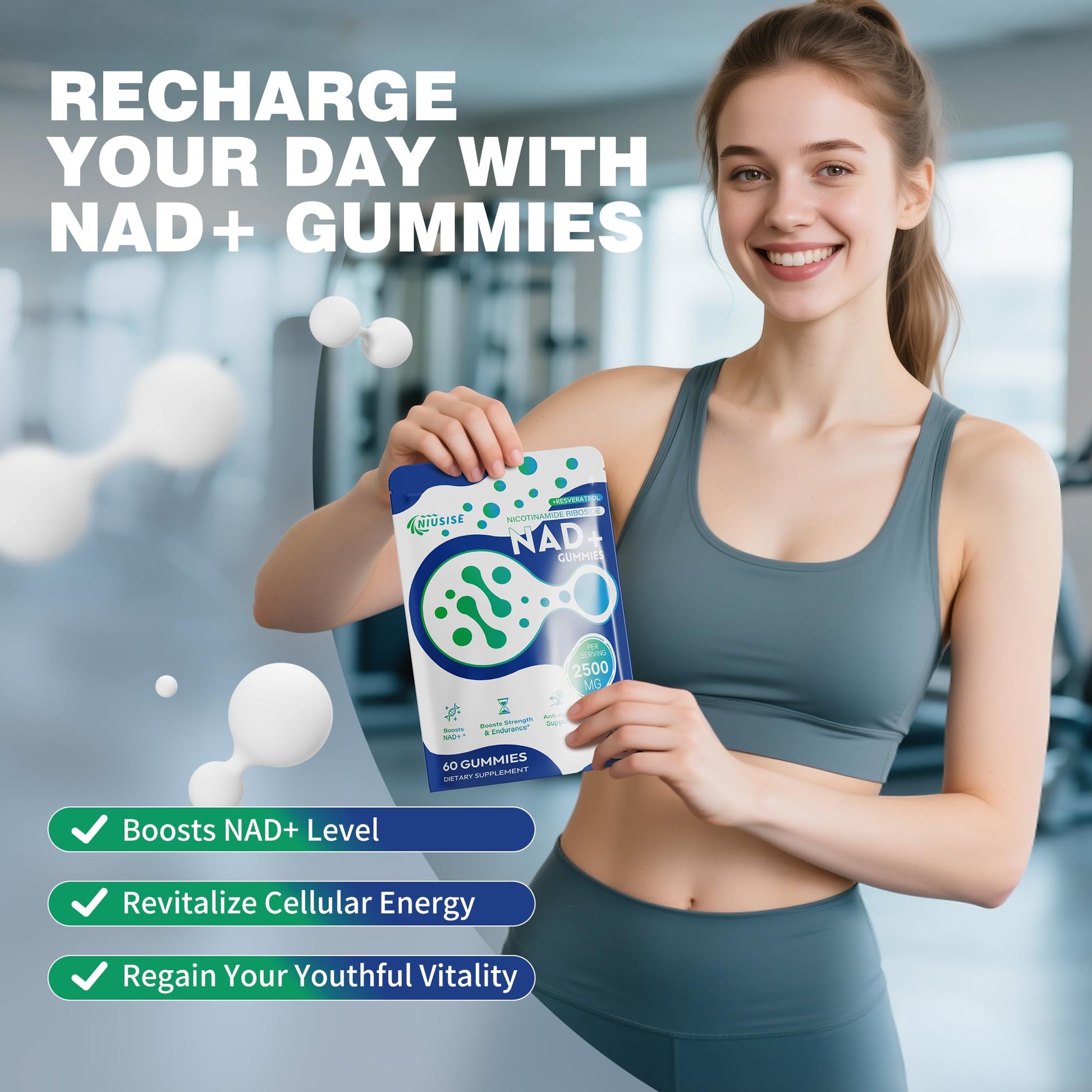 NIUSISE NAD Gummies Sugar Free, NAD+ Supplement with Liposomal Nicotinamide Riboside, Resveratrol, Quercetin, NAD Supplement for Anti-Aging, Energy, Cellular Health, Blueberry Flavor, 60 Gummies NIUSISEAu supplements