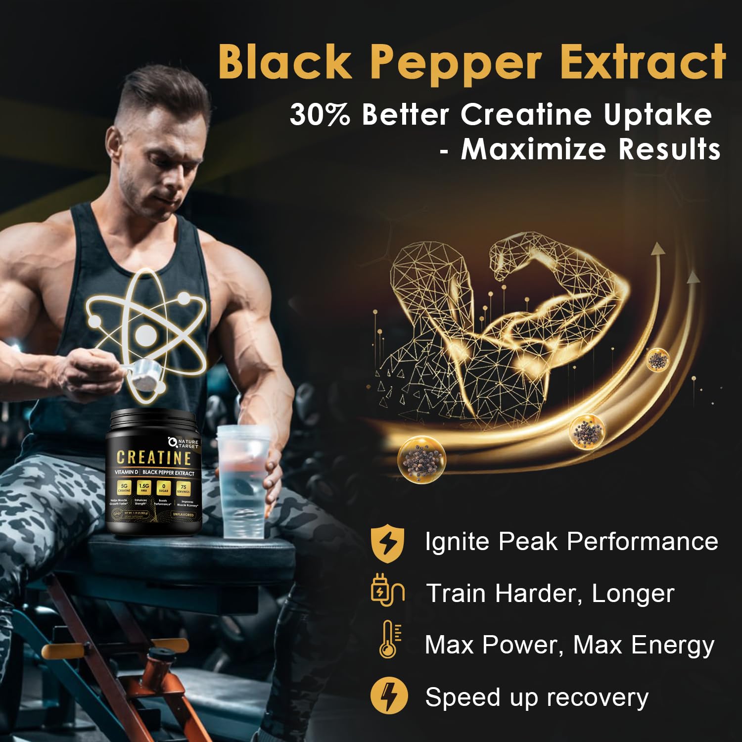 Micronized Creatine Monohydrate for Women and Men, Creatine Powder for Men-Women for Improve Performance and Strength, Support Muscle Growth and Workout Recovery, 6.5g per Servings, 75 Servings NATURE TARGETAu supplements