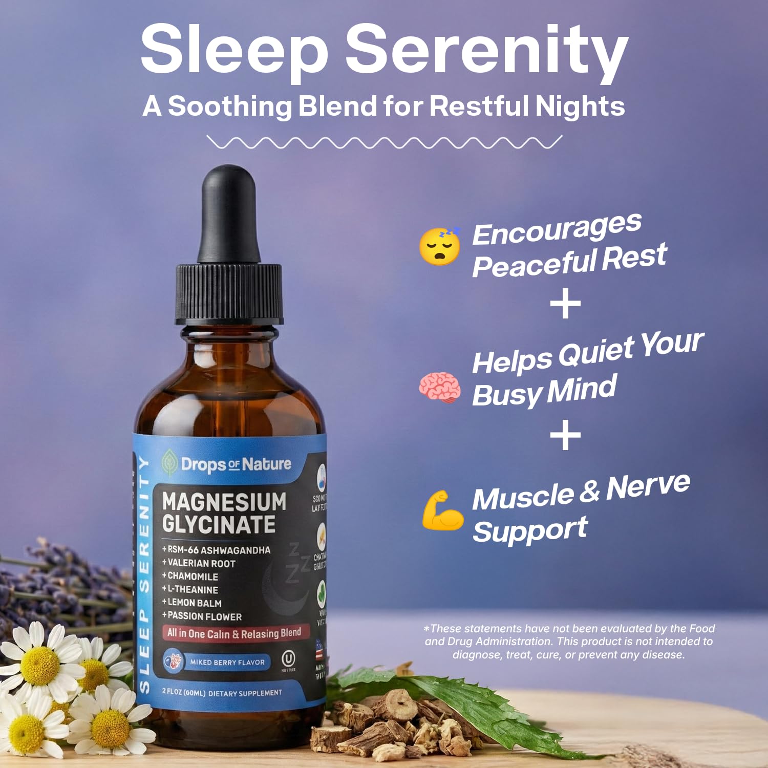 Magnesium Glycinate & Ashwagandha Liquid Drops with Valerian Root, Chamomile, Passion Flower, Lemon Balm & L-Theanine - Vegan Fast Absorption - Supplement for Wellness & Relaxation (Mixed Berry, 60mL) Drops Of NatureAu supplements