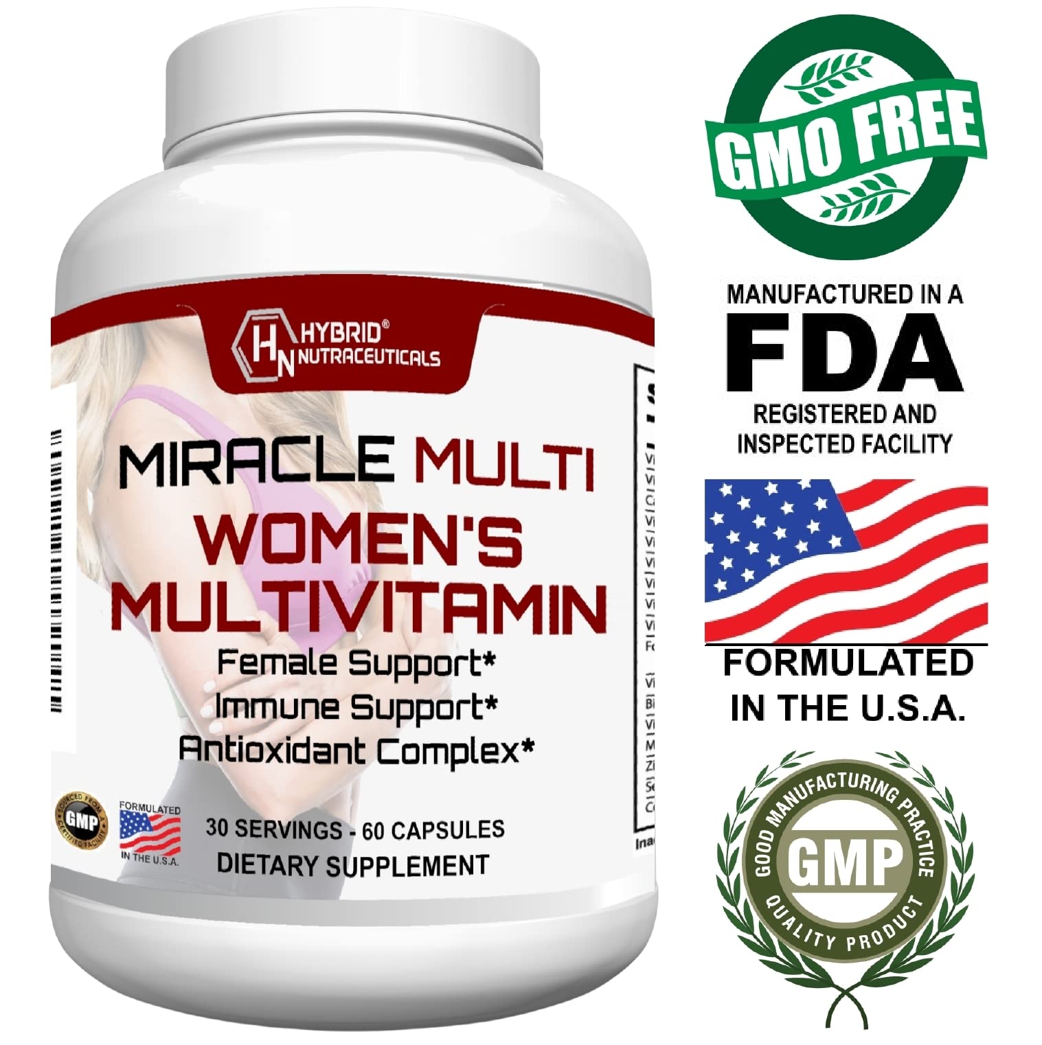 MiracleMulti Multivitamin for Women - Female Support Formula, Immune Support, Minerals, Biotin, Antioxidants & Superfoods Blend – 60 Capsules Hybrid NutraceuticalsUS supplements