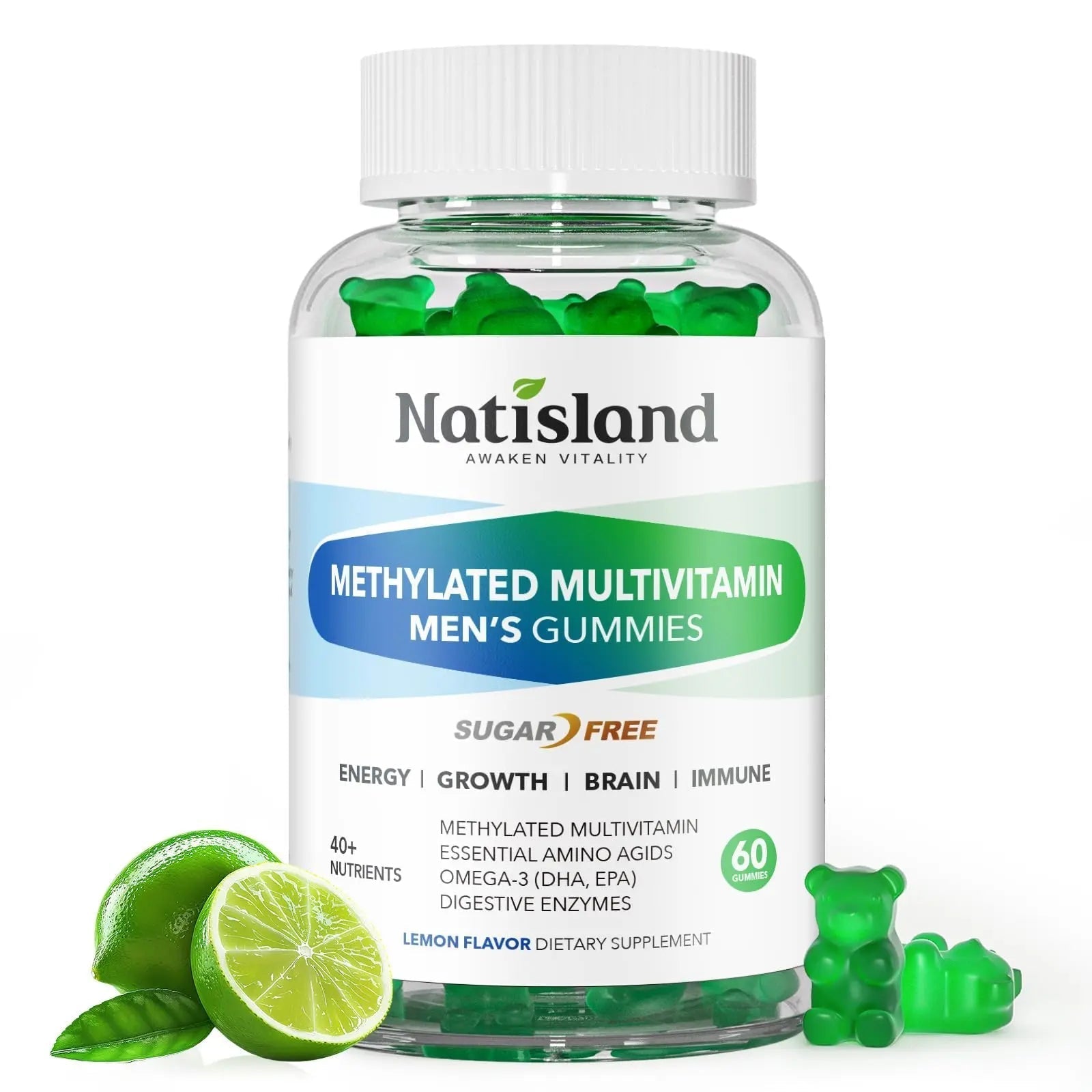 Methylated Multivitamin for Men Gummies, Men`s Multivitamins Gummies with Vitamin B Complex, A, C ,D3, E, K2, Calcium, Magnesium, Omega-3 NATISLANDAu supplements