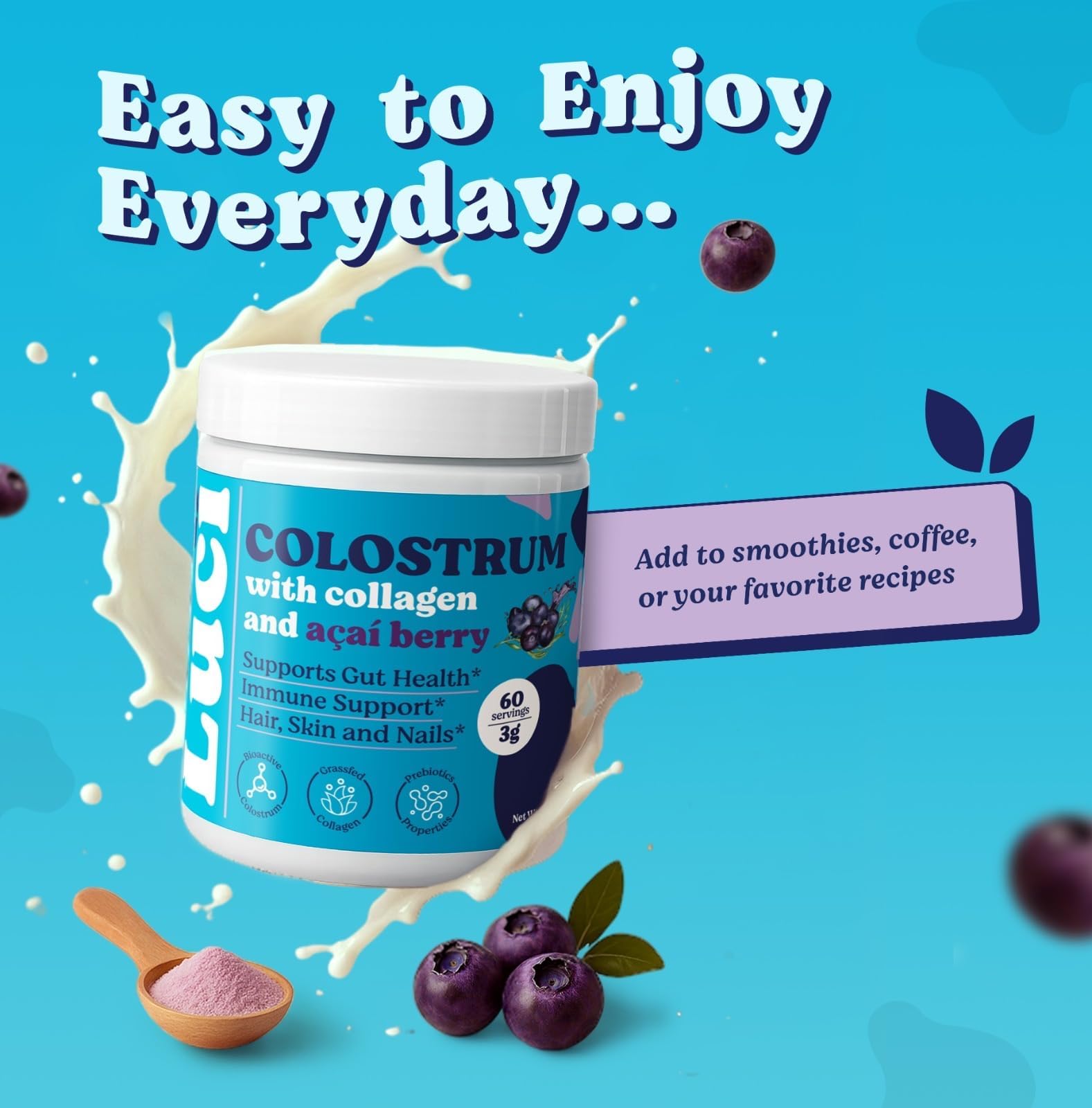 Luci Colostrum Powder 60 Servings, 3 in 1 with Collagen Peptides and Acai, Bovine Colostrum for Gut Health, Bloating, Collagen Protein for Muscle, Skin, Hair, Nails and Immunity, Gluten & Fat Free Luci NutritionAu supplements