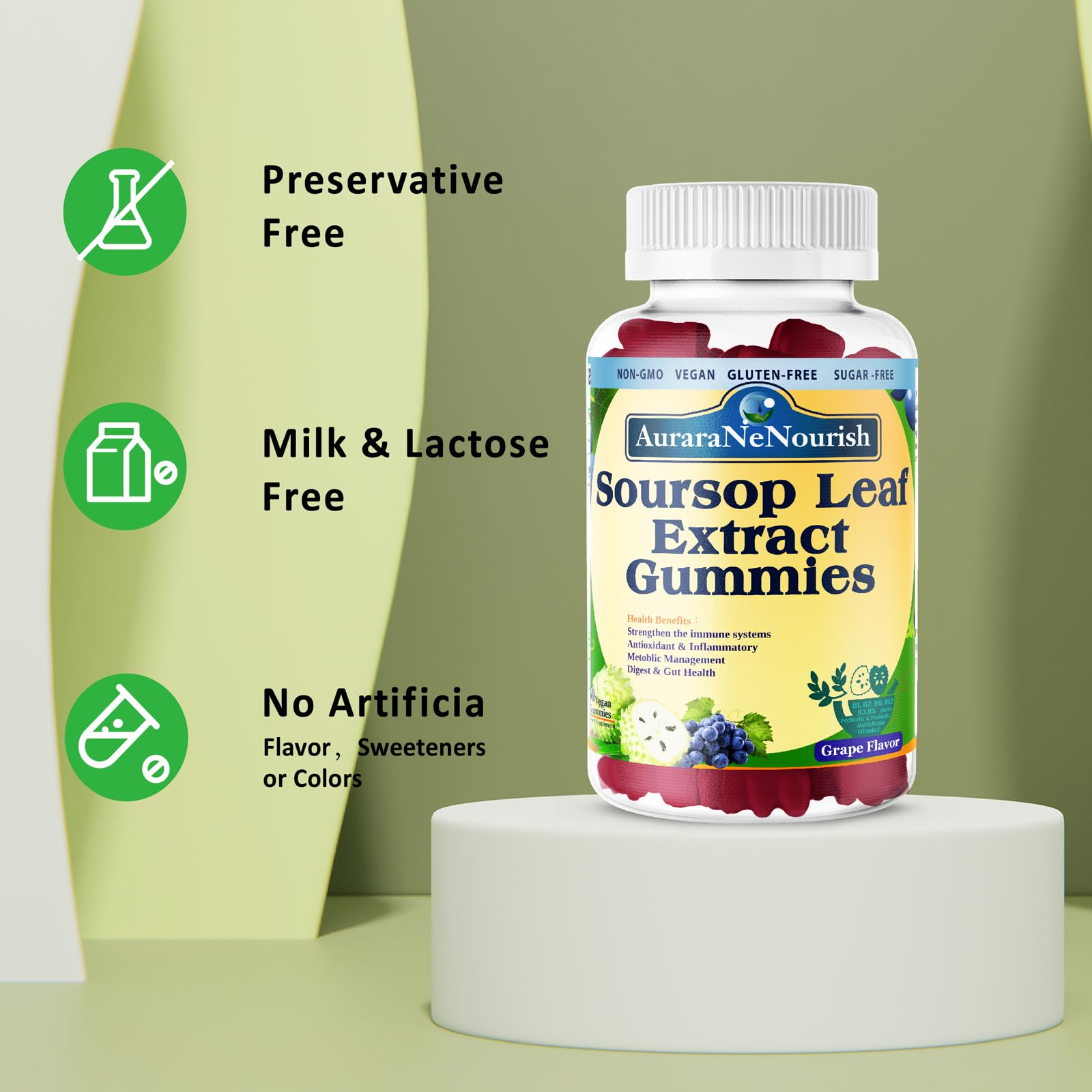 AuraraNeNourish Sugar Free Soursop Gummies with Probiotics & Fiber 100 Billion CFUs, Organic Soursop Leave Extract with Vitamin C B-Complex for Digestive Gut Health, Energy Balance, Immune Boost AuraraNeNourishAu supplements