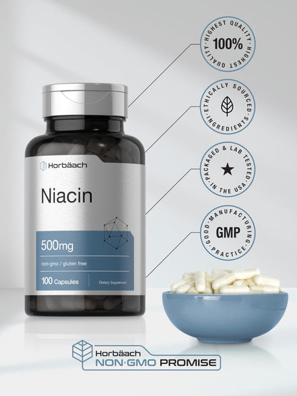 Niacin | Vitamin B3 500mg | 100 Capsules | with Flushing | Non-GMO, and Gluten Free HorbäachUS supplements