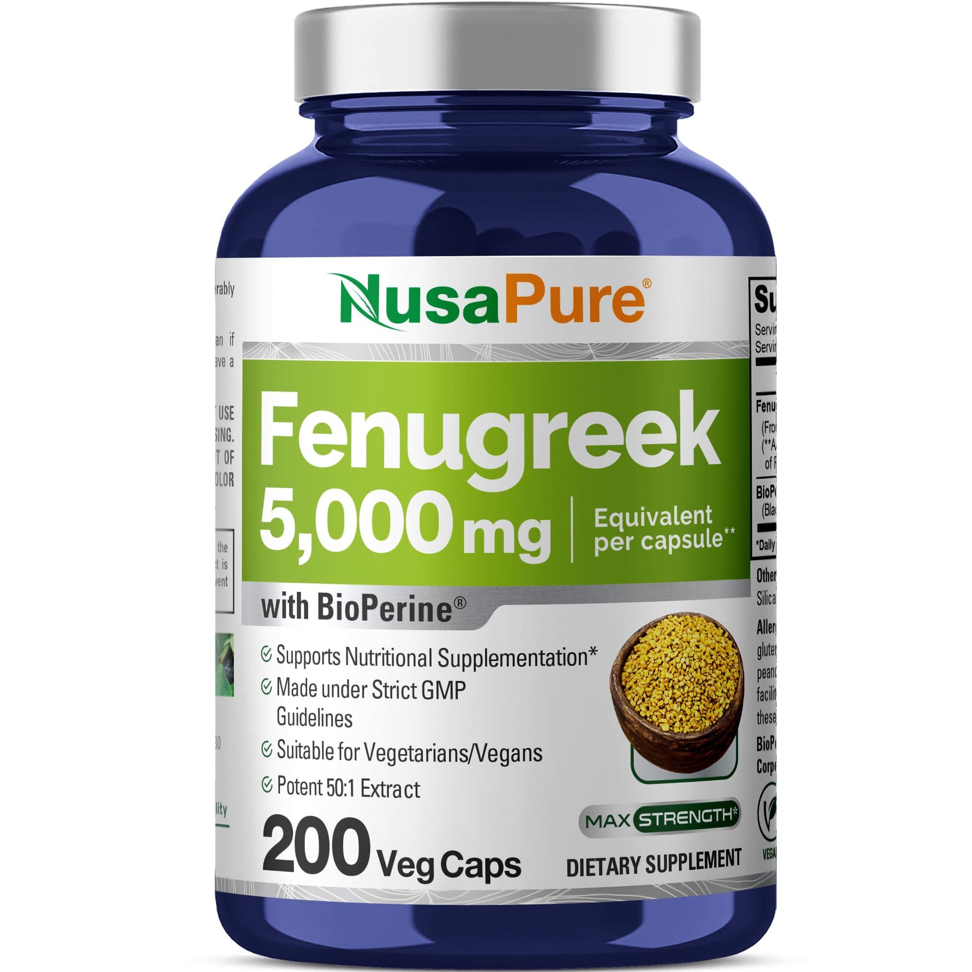 NusaPure Fenugreek Capsules, 50:1 Extract, 100 mg Equivalent to 5,000mg, 200 Veggie Caps, Non-GMO, Vegan NusaPureAu supplements