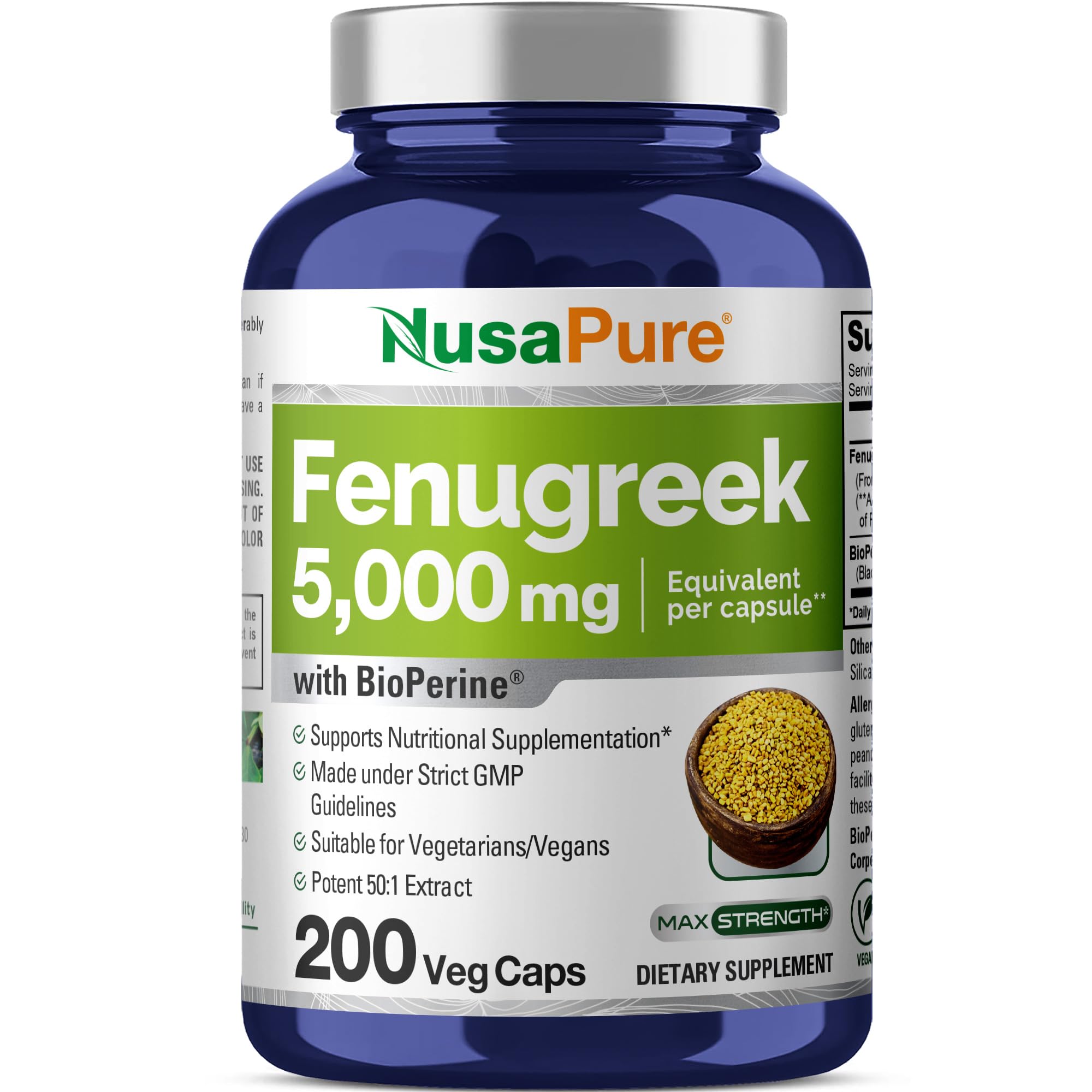NusaPure Fenugreek Capsules, 50:1 Extract, 100 mg Equivalent to 5,000mg, 200 Veggie Caps, Non-GMO, Vegan NusaPureAu supplements