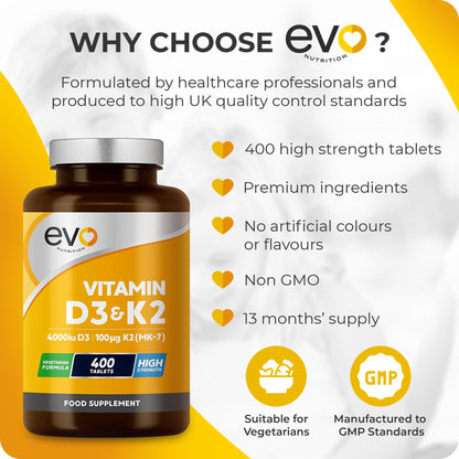 Vitamin D3 4000iu & Vitamin K2 100ug MK7 | 400 Vegetarian Tablets - 1 Year Supply EVO NUTRITIONUS supplements