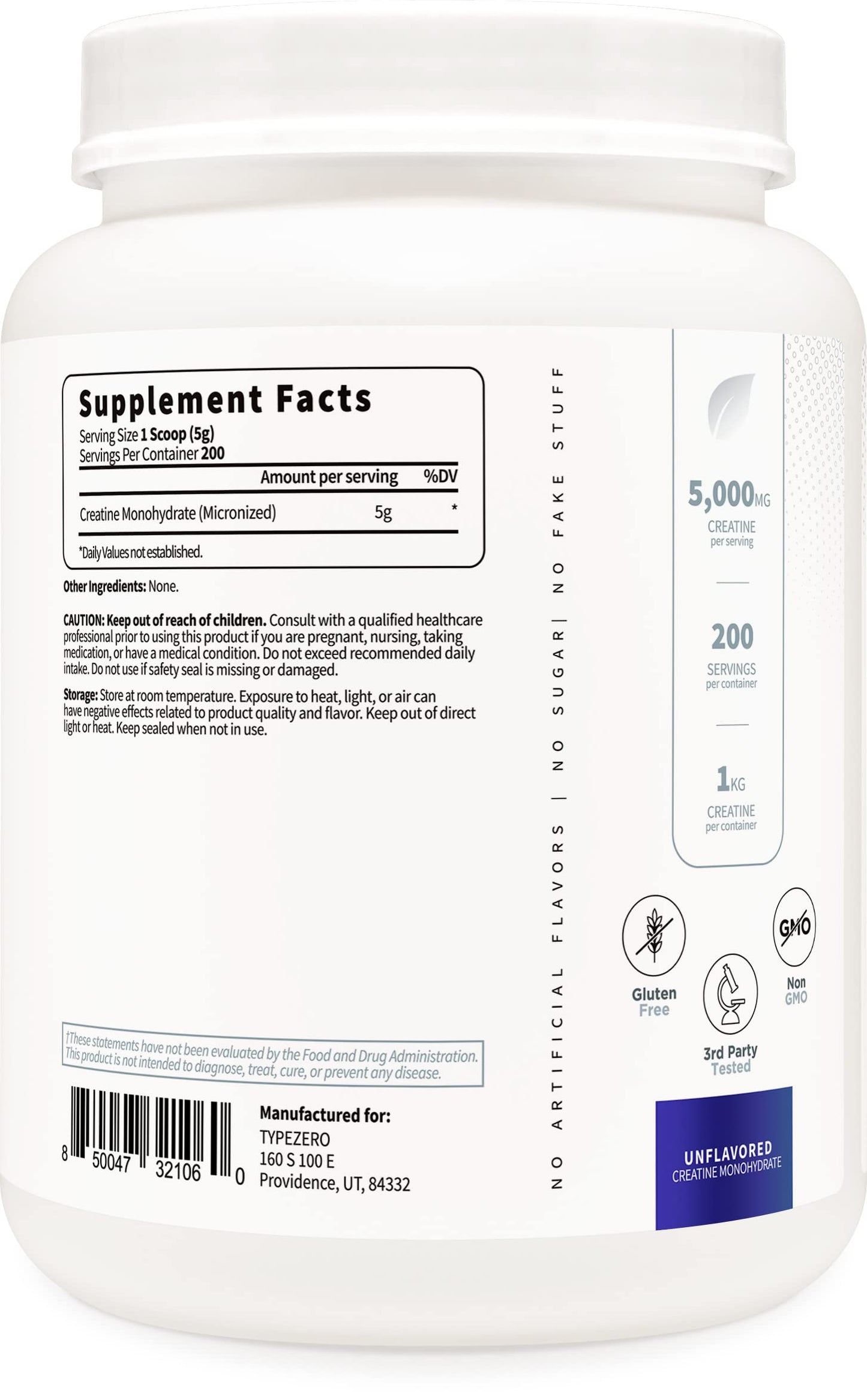 Type Zero Creatine Monohydrate (Unflavored) 1 KG, 5000mg (5g) Per Serving, Micronized, Zero Sugar, Keto Friendly & Gluten Free, 200 Servings Type ZeroUS supplements
