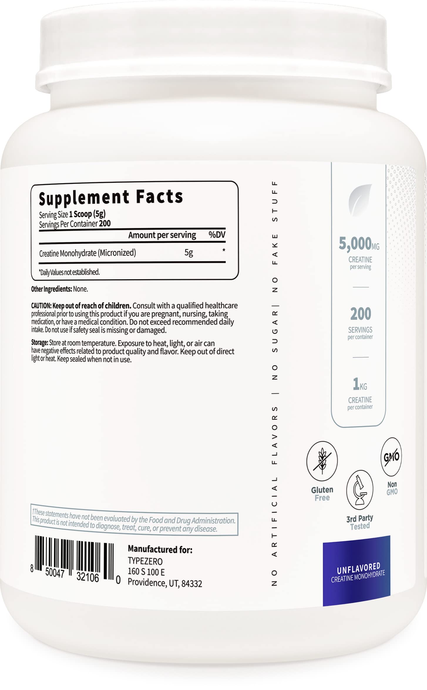 Type Zero Creatine Monohydrate (Unflavored) 1 KG, 5000mg (5g) Per Serving, Micronized, Zero Sugar, Keto Friendly & Gluten Free, 200 Servings Type ZeroUS supplements