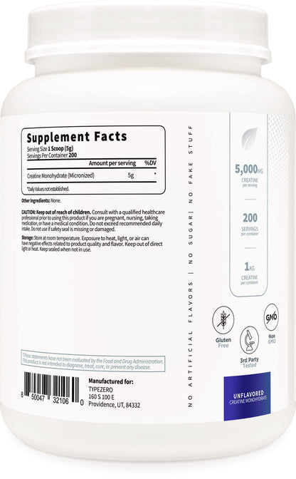 Type Zero Creatine Monohydrate (Unflavored) 1 KG, 5000mg (5g) Per Serving, Micronized, Zero Sugar, Keto Friendly & Gluten Free, 200 Servings Type ZeroUS supplements