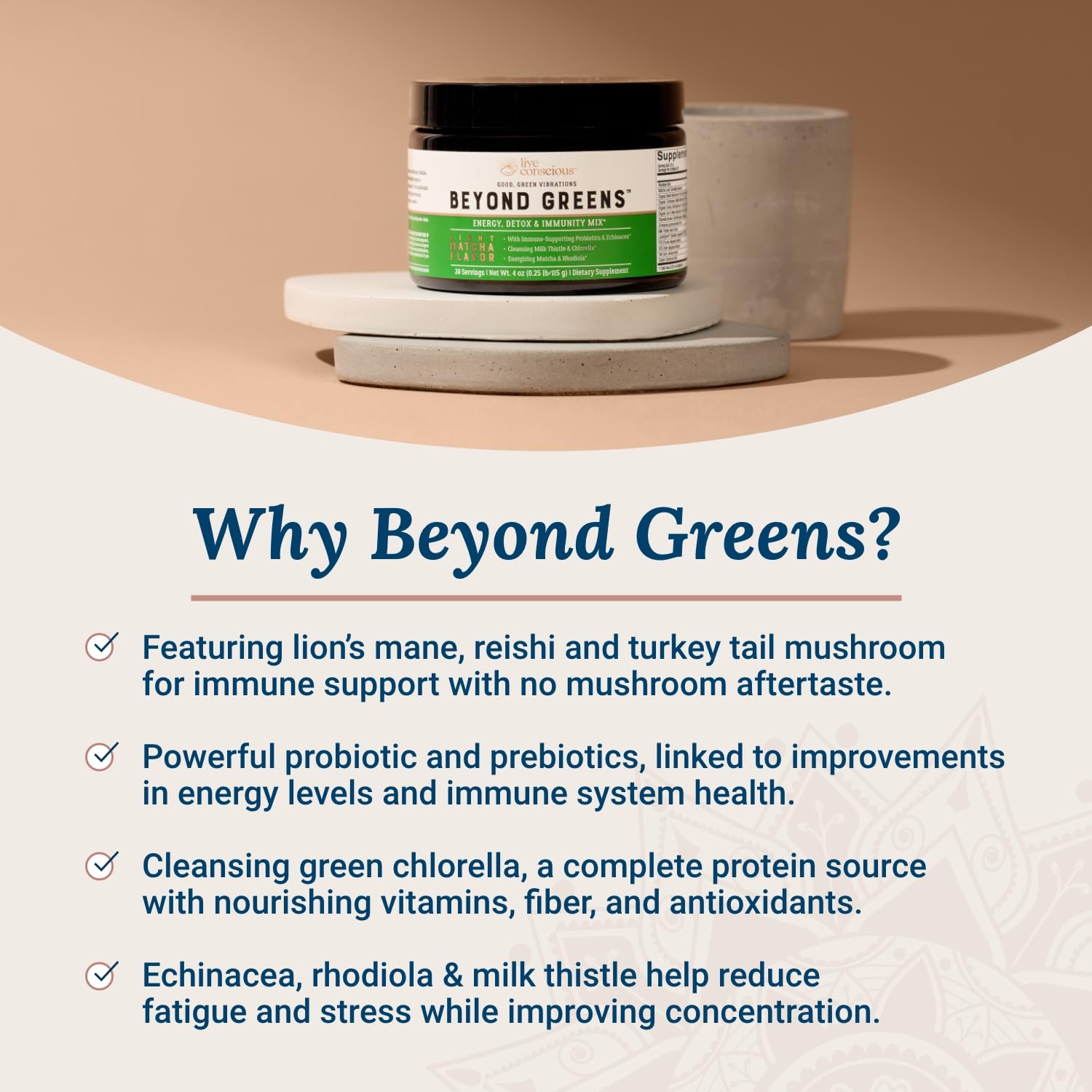 Live Conscious Beyond Greens Superfood Powder - Delicious Debloating Super Greens Powder - Matcha Greens Blend w/Chlorella, Echinacea, Probiotics for Immune Support & Energy Live ConsciousAu supplements