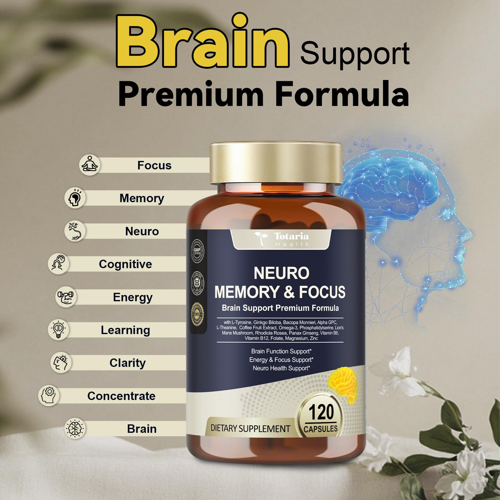 25 in 1 Brain Supplements for Memory and Focus & Neuro Health - Daily Brain Nootropic Cognitive Supplement with L-Tyrosine, Bacopa Monnieri, Ginkgo Biloba, Alpha GPC - Non-GMO, Gluten Free TotariaAu supplements