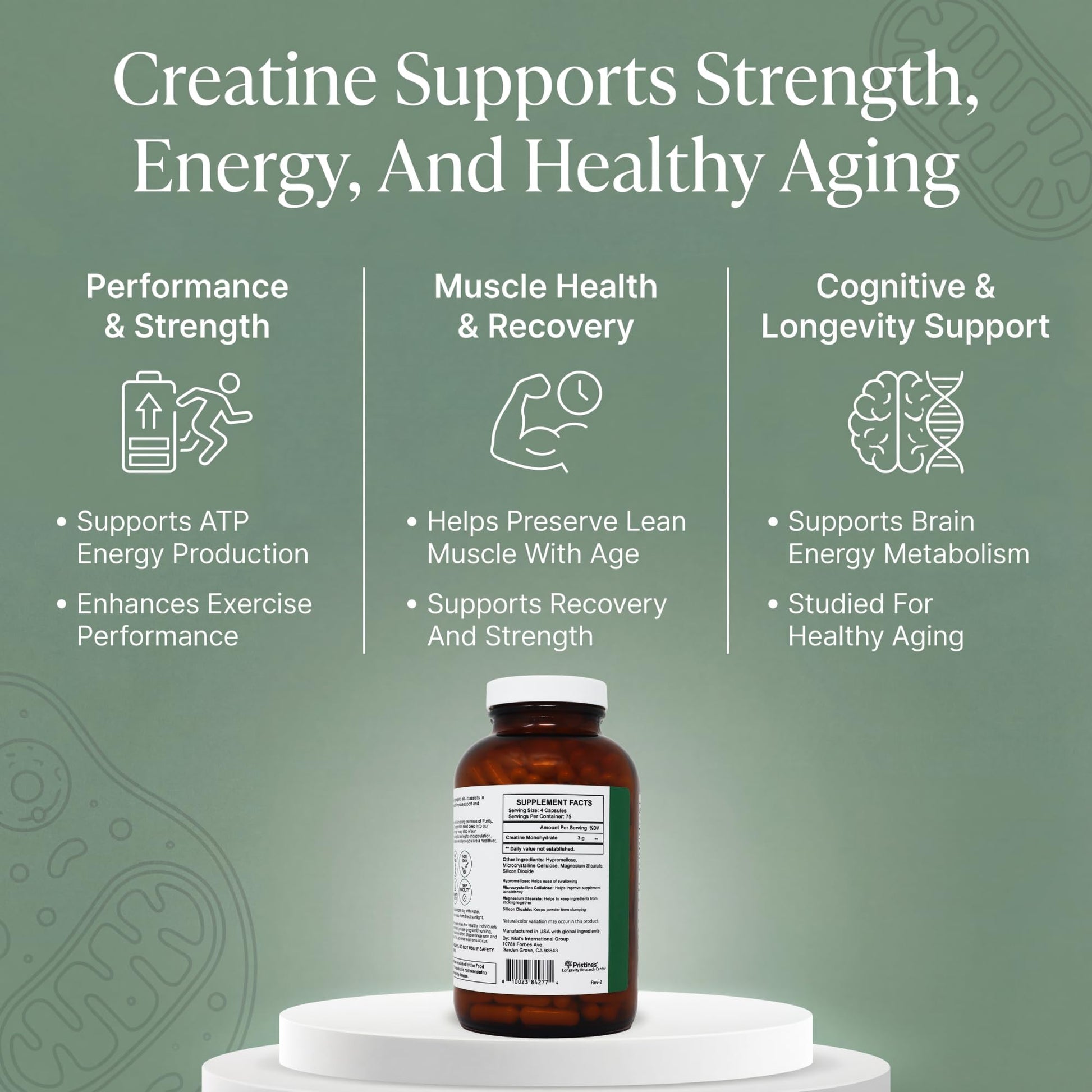 PRISTINE'S Creatine Monohydrate Capsules for Women & Men - NSF Certified 75 Day Supply 3G Muscle Growth Support Supplement - Cognitive & Athletic Performance Support - Enhanced Recovery PRISTINE'SAu supplements