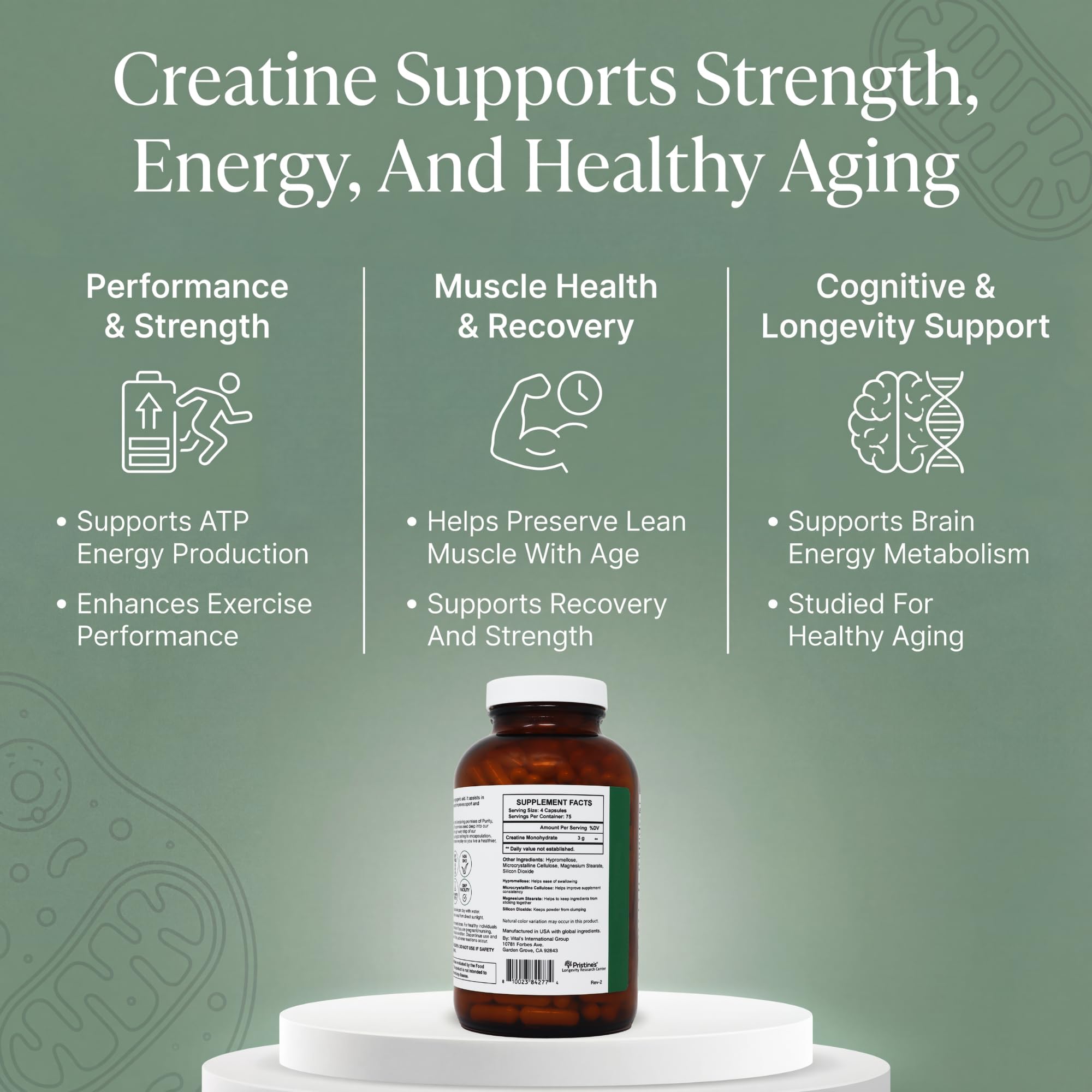 PRISTINE'S Creatine Monohydrate Capsules for Women & Men - NSF Certified 75 Day Supply 3G Muscle Growth Support Supplement - Cognitive & Athletic Performance Support - Enhanced Recovery PRISTINE'SAu supplements