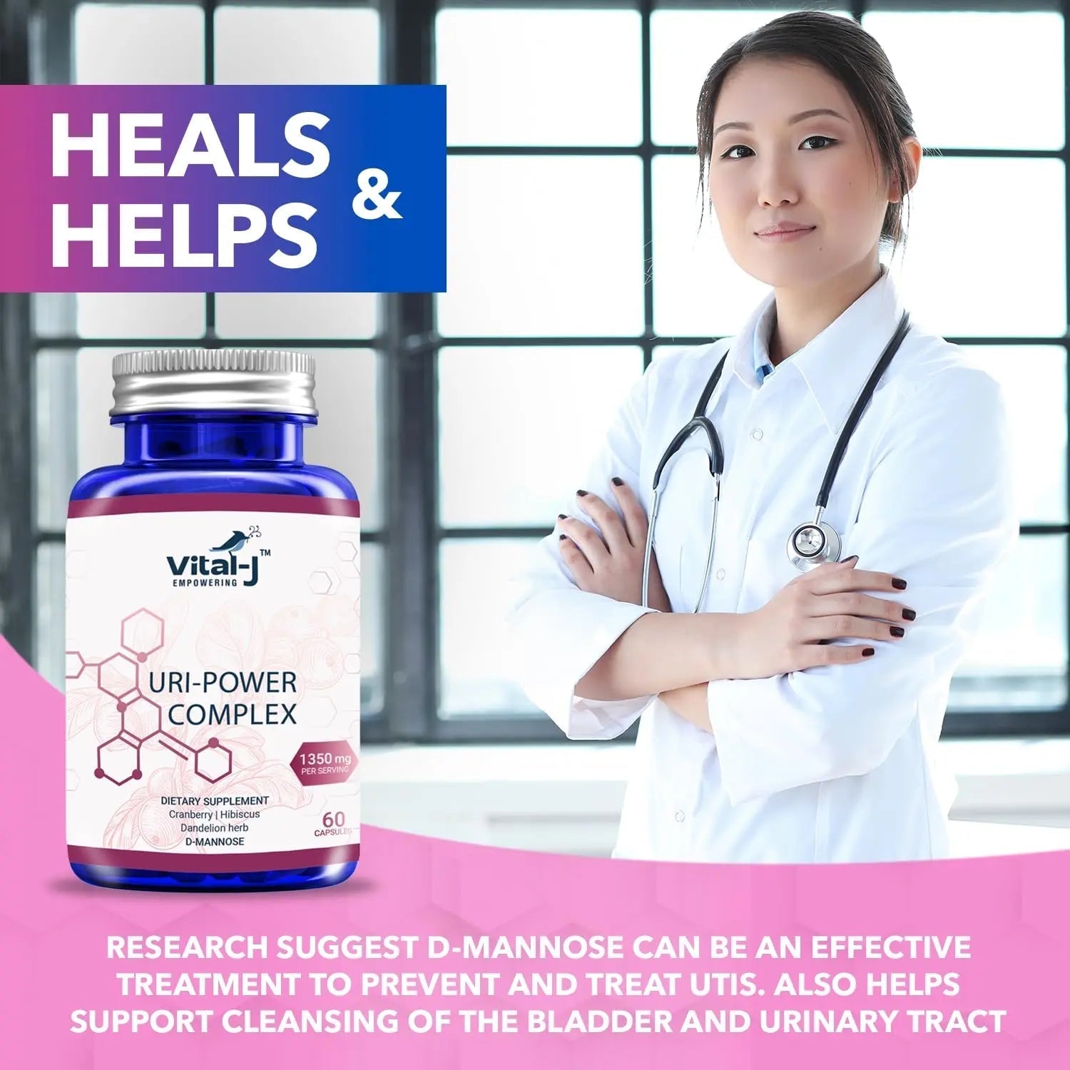 4-IN-1 URI POWER COMPLEX 1350mg - D Mannose, Cranberry, Hibiscus, and Dandelion Herb - Naturally Cleanse the Bladder and Urinary Tract 60 capsules – Specialized Approach for UTI Avoidance Vital-J EmpoweringAu supplements