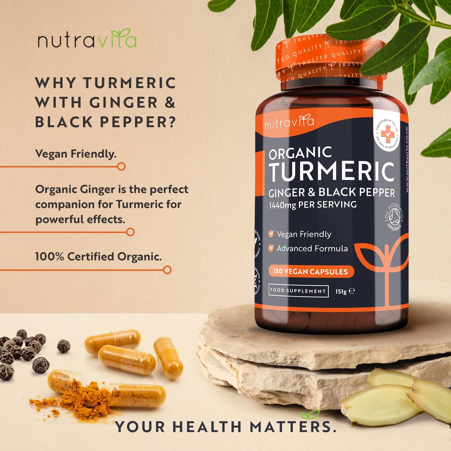 Organic Turmeric 1440mg (High Strength) with Black Pepper & Ginger - 180 Vegan Turmeric NutravitaUS supplements