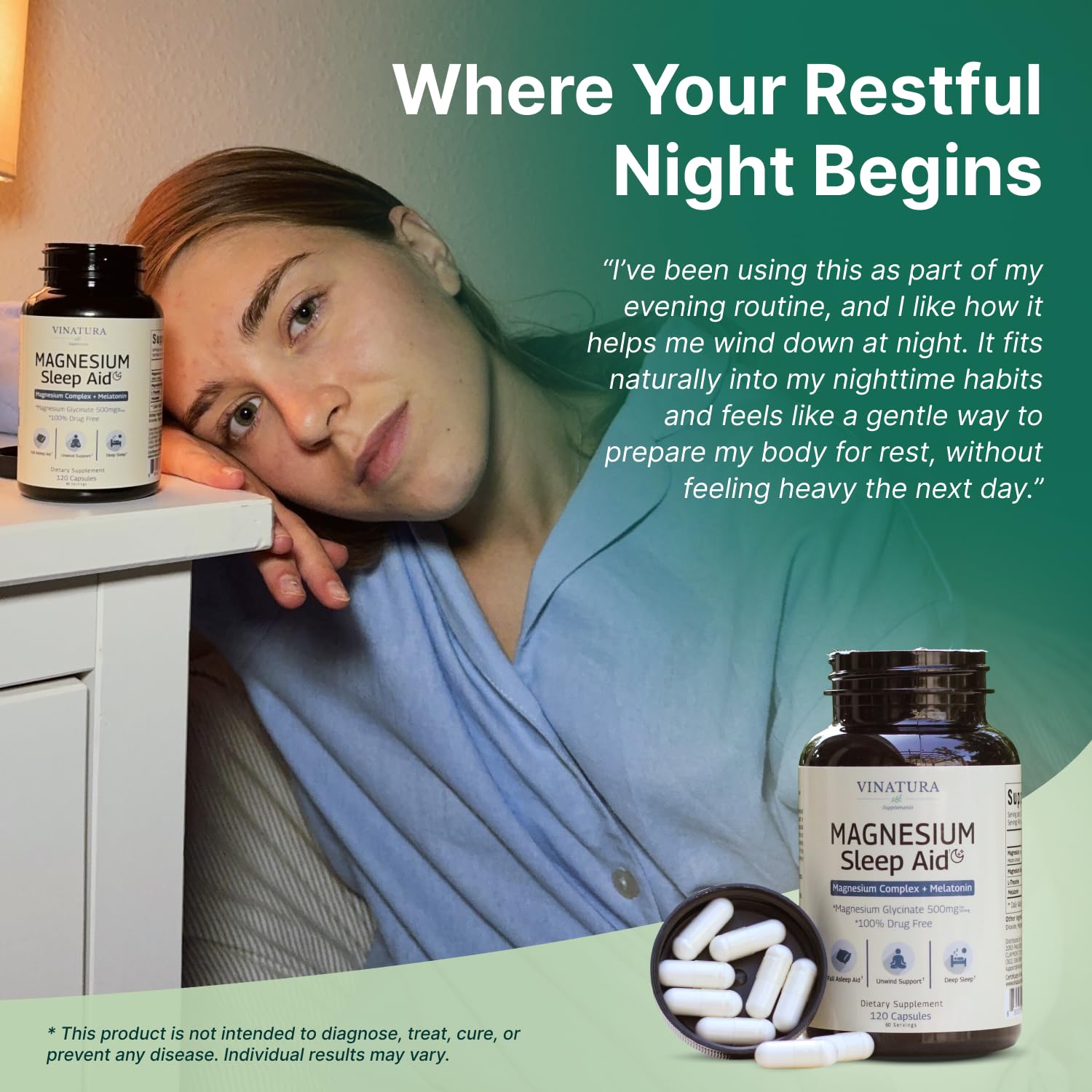 Magnesium Sleep Aid - Magnesium Glycinate Complex for Sleep with Melatonin Supplement - Glycinate 500mg, L-Theanine - 120 Capsules VINATURAAu supplements